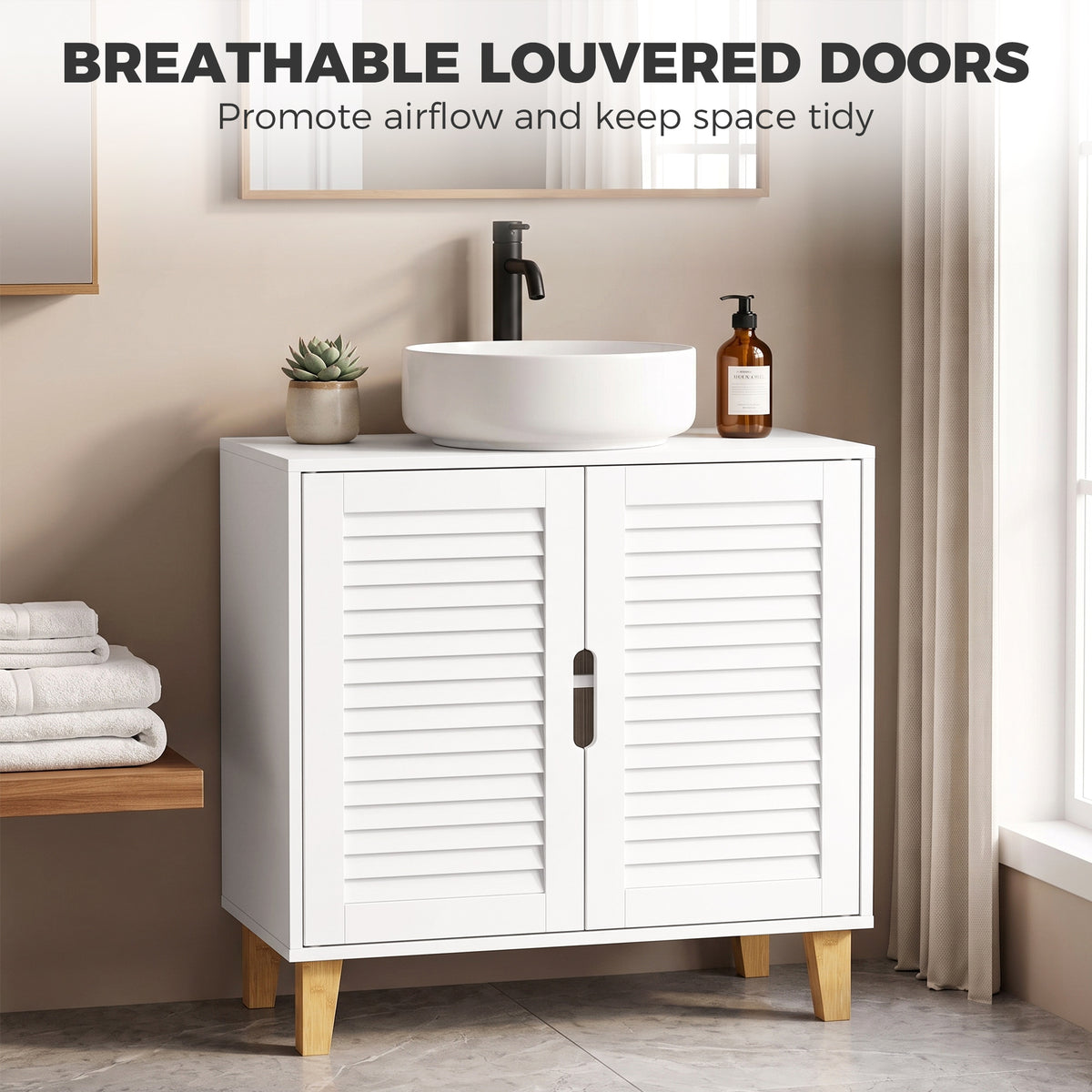 White under-basin cabinet with two louvered doors and open interior, freestanding