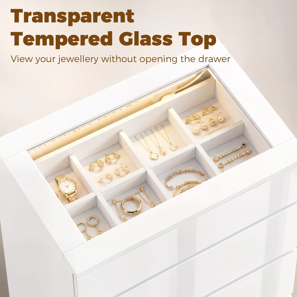 White jewelry organizer dresser with transparent tempered glass top and divided compartments