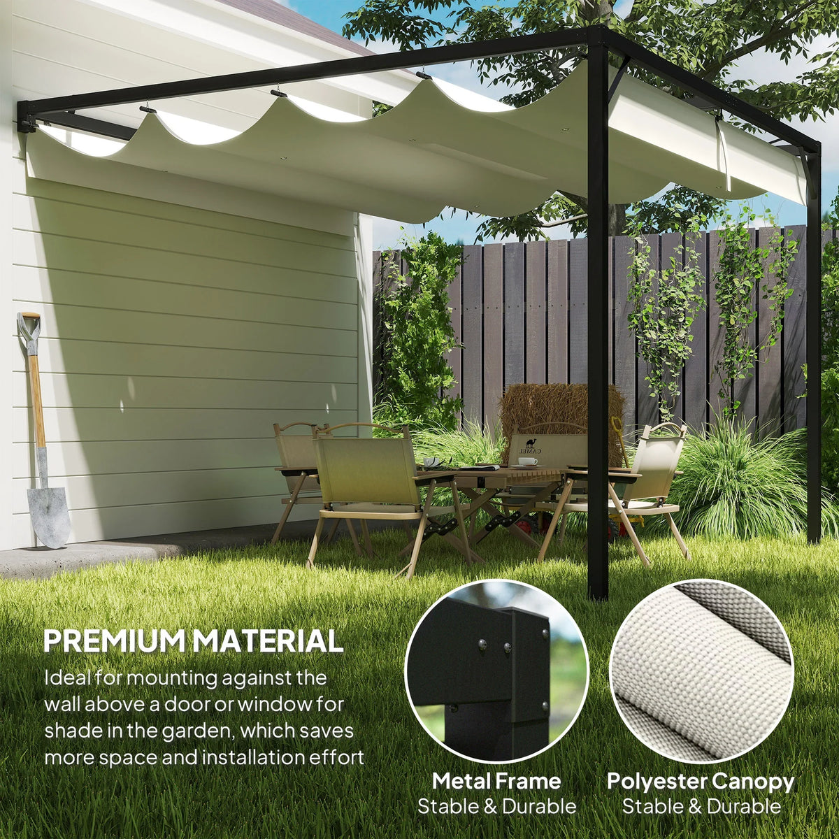 Cream polyester canopy outdoor gazebo with black metal posts, shading a patio seating area