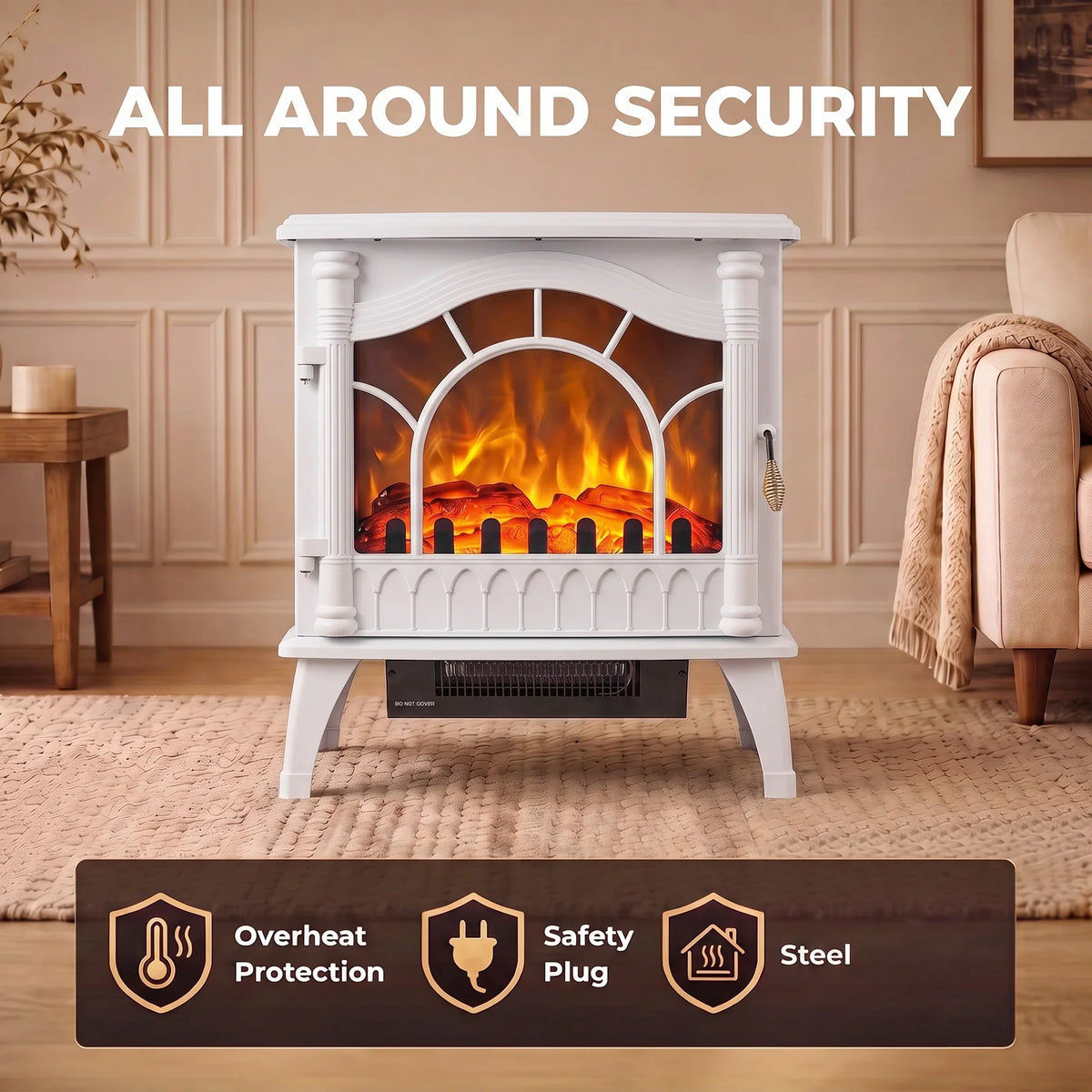 White electric fireplace fan heater with arched glass flame effect and safety feature panel