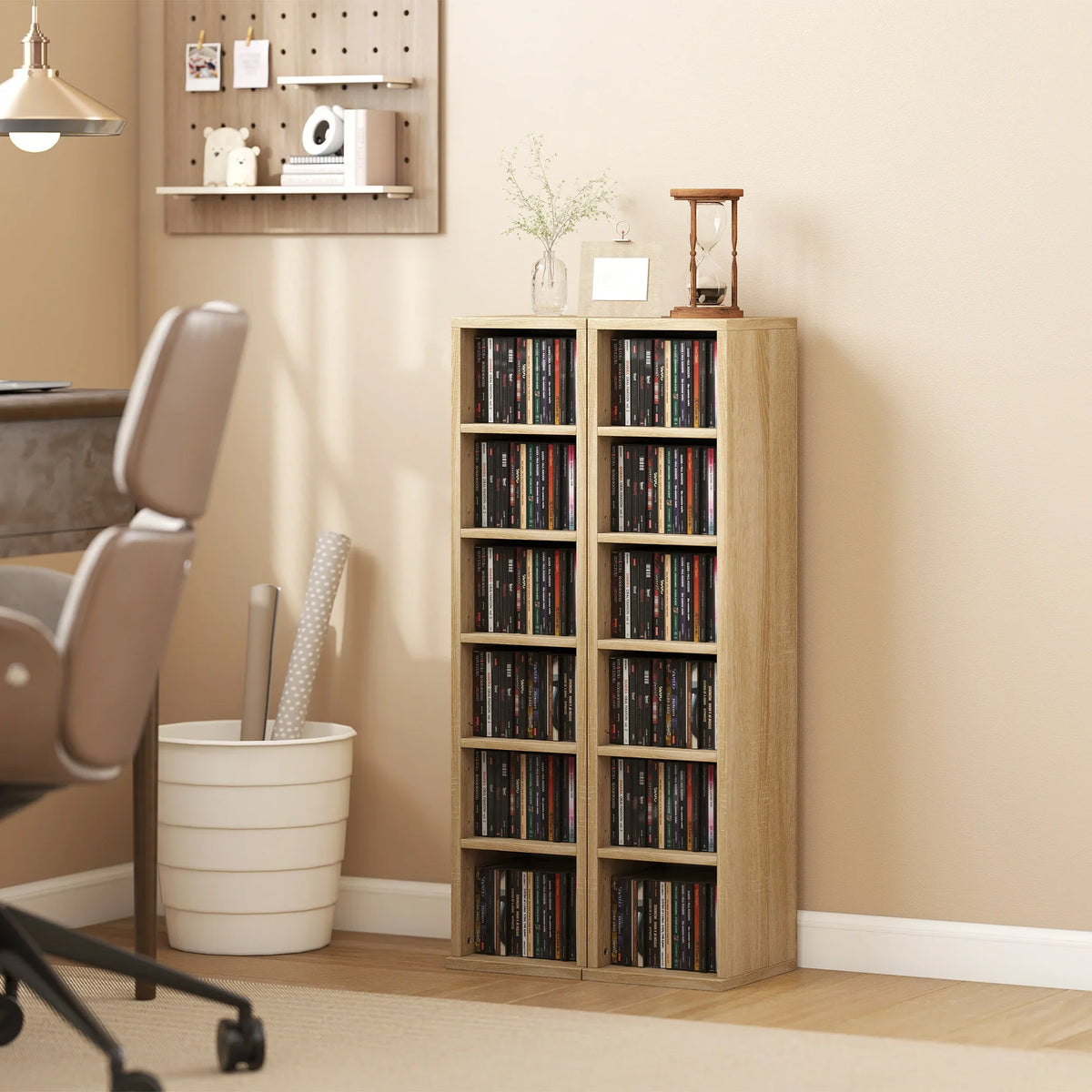Oak CD media display tower with multiple open shelves for upright disc storage