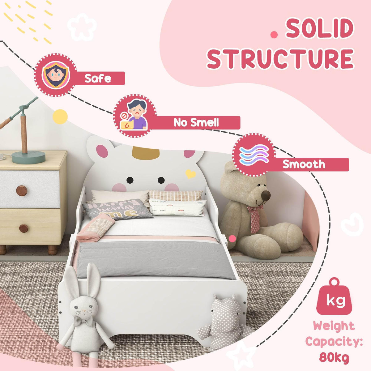 Toddler bed frame with smooth white panels, side bumpers, and rail supports