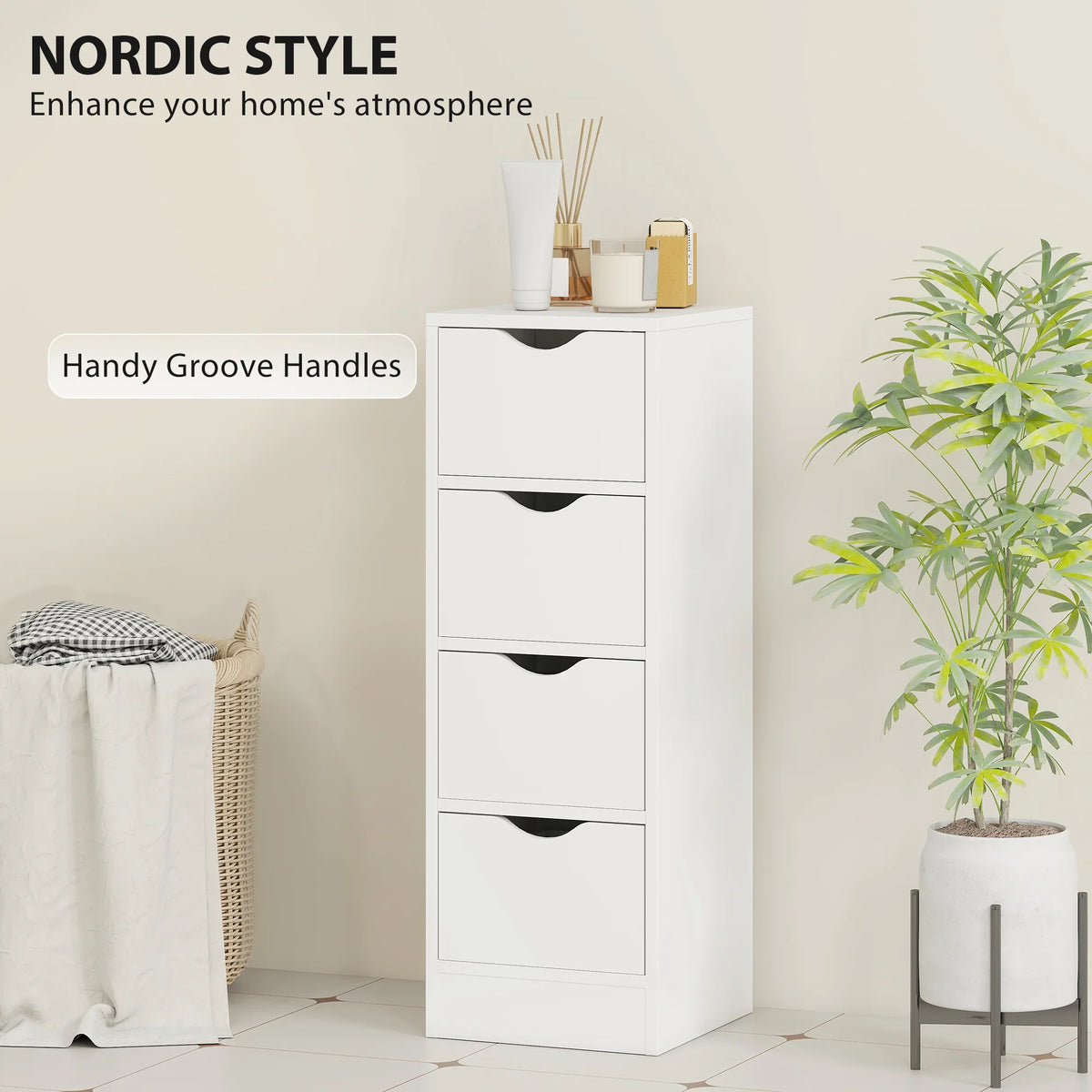 White 4-drawer narrow bathroom cabinet with groove handles in Nordic style