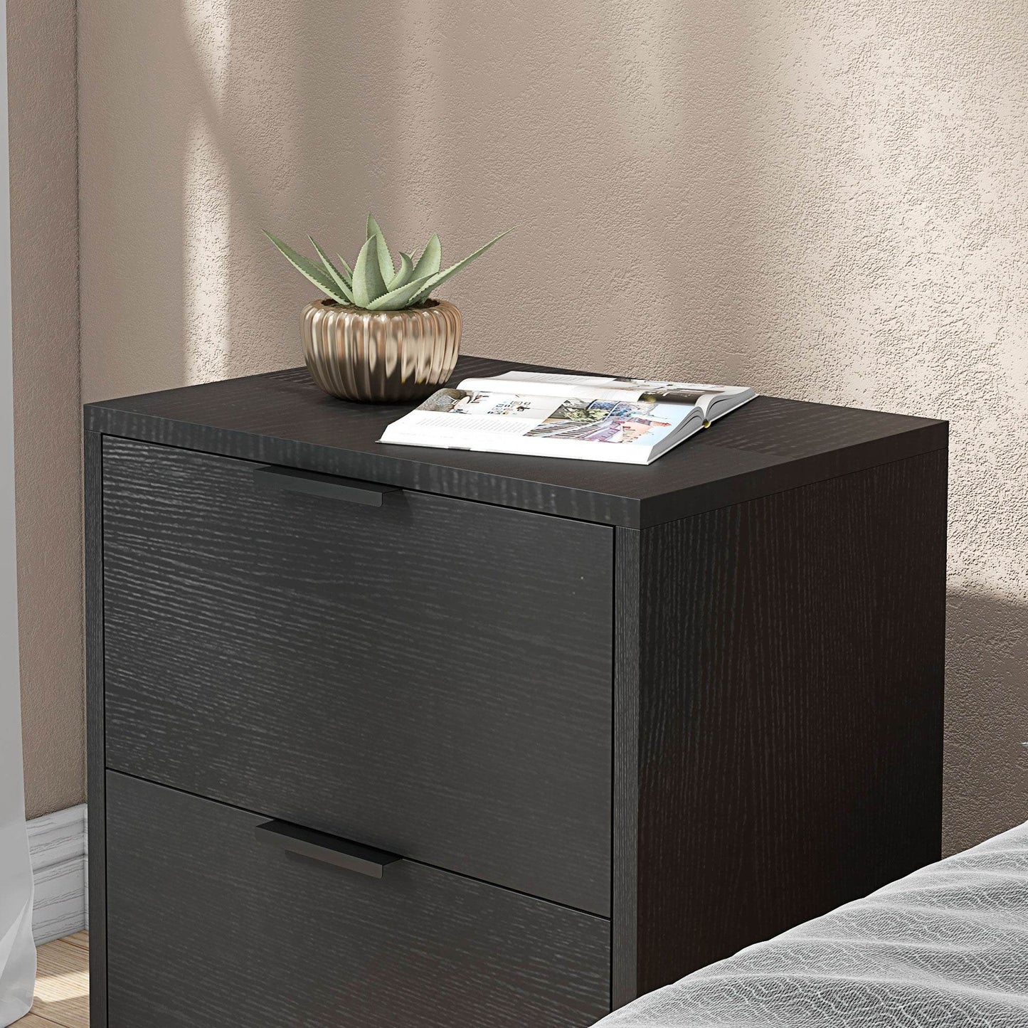 HOMCOM Modern Black Bedside Table Set of 2 with Storage Drawers and Steel Legs for Bedroom and Living Room - ALL4U RETAILER LTD