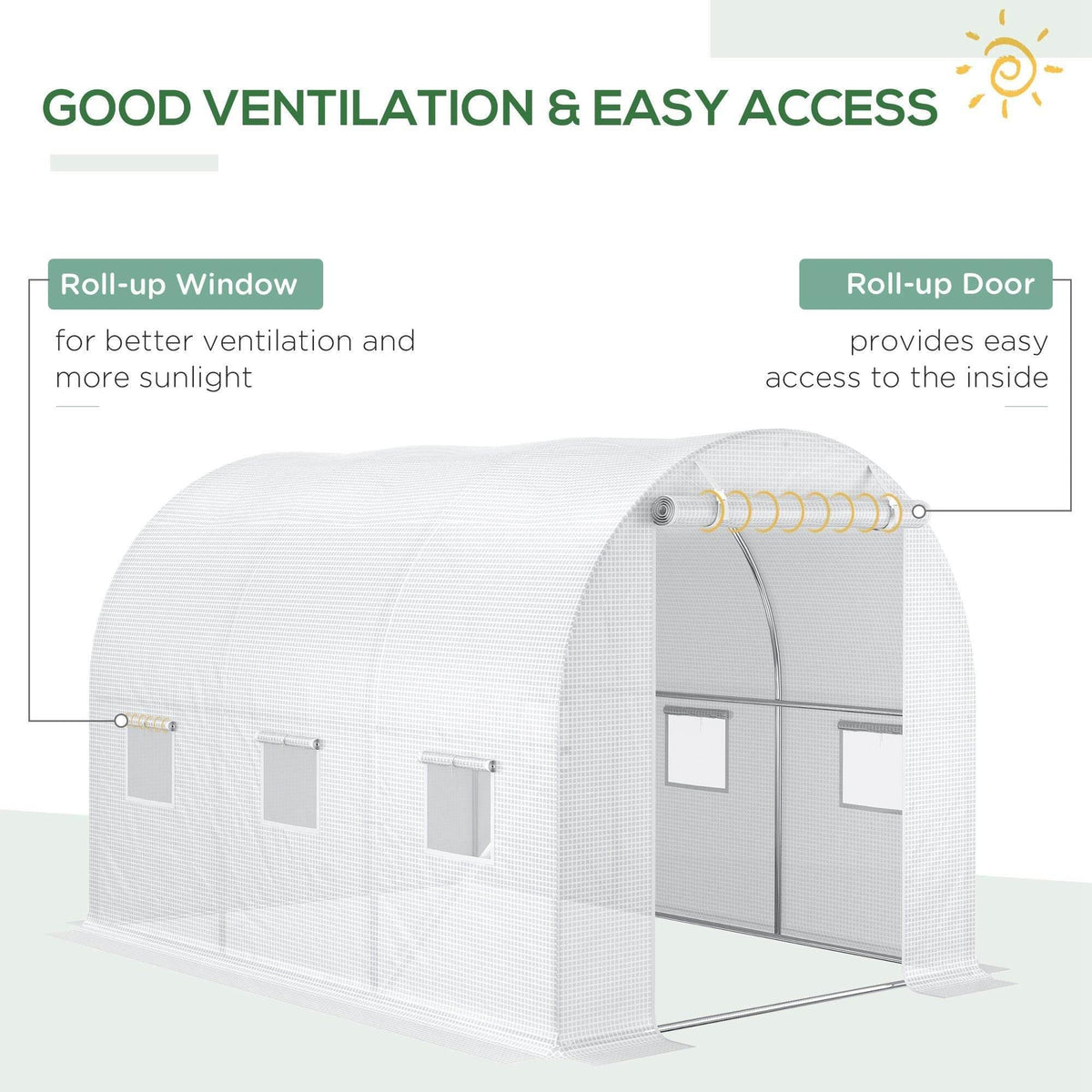 White PE greenhouse cover diagram showing roll-up window vents and roll-up zipper door access