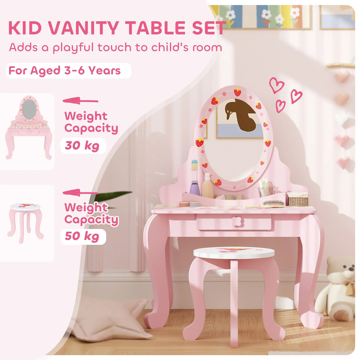 Kids pink vanity table set with oval mirror, tabletop, and stool for ages 3–6