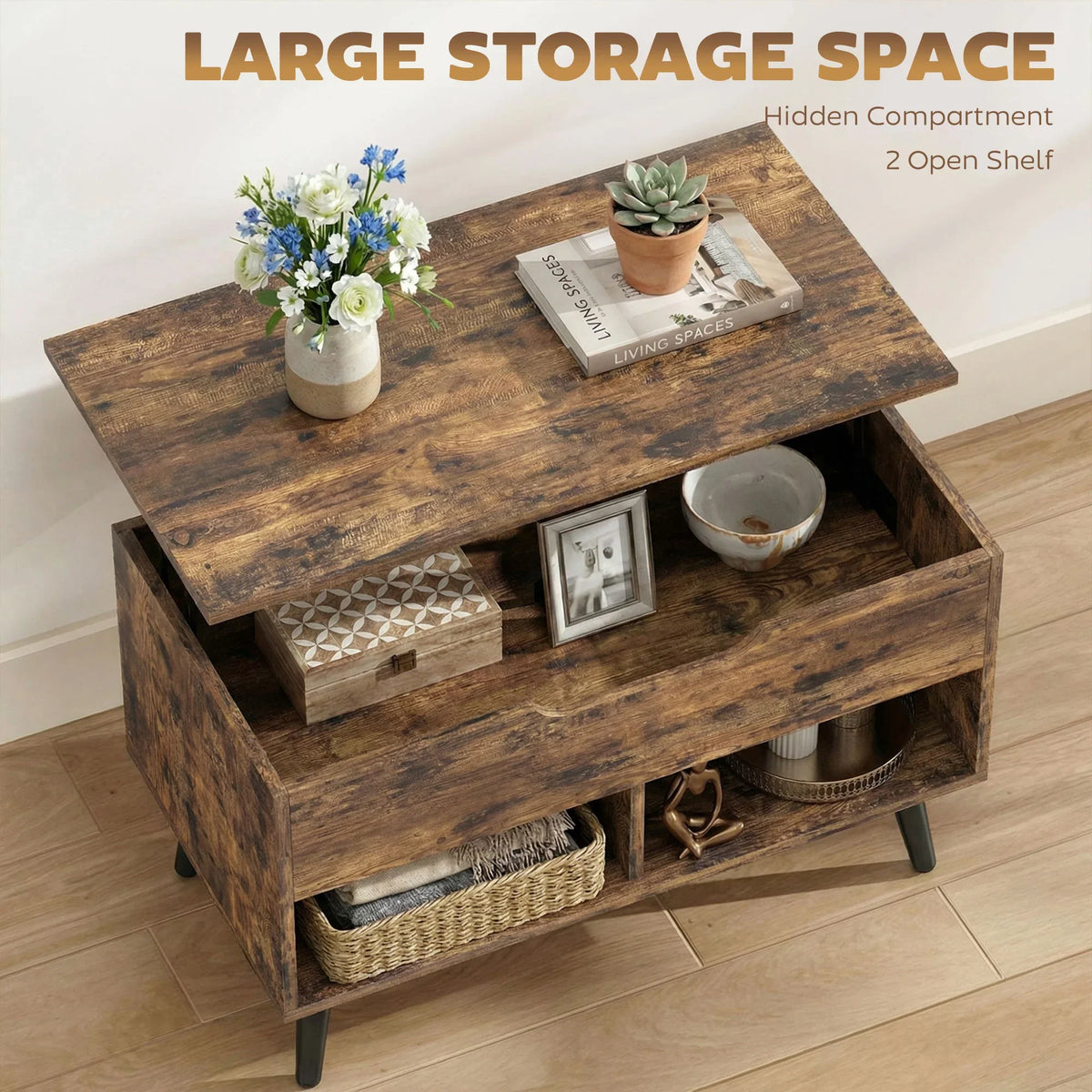 Rustic brown lift-top coffee table with hidden compartment and two-tier open shelf