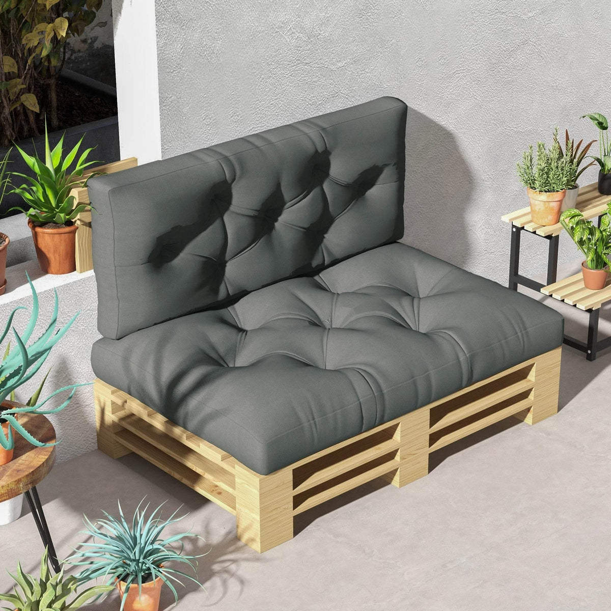 Light grey tufted patio chair cushion set with backrest and seat pads