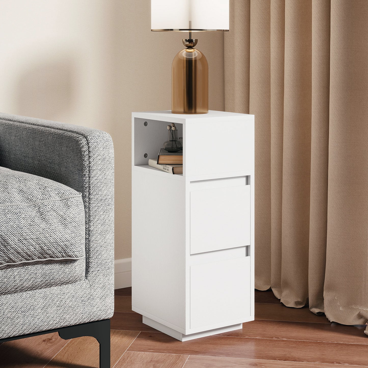HOMCOM Slim Bedside Table With Open Shelf And Two Drawers For Bedroom And Living Room White
