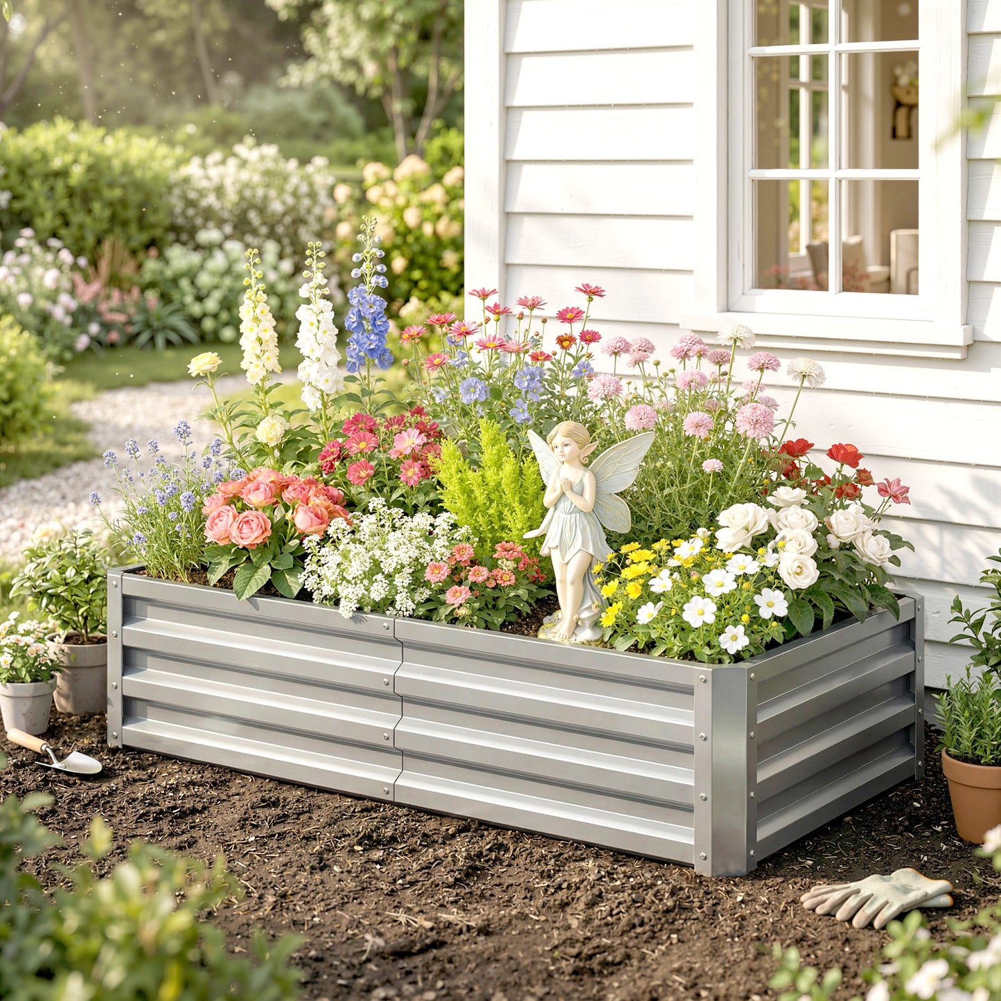 Outsunny Galvanized Raised Garden Beds For Herbs And Vegetables, Outdoor Planters For Patio Balcony Backyard, Silver