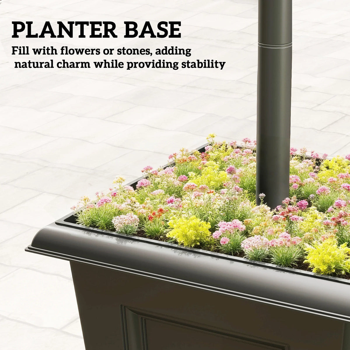Built-in planter base for solar lamp post, filled with flowers