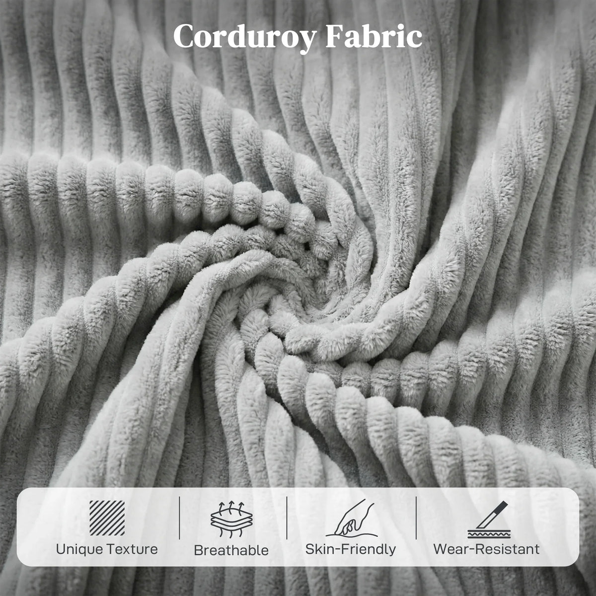 Grey corduroy fabric texture close-up with soft ribbed surface