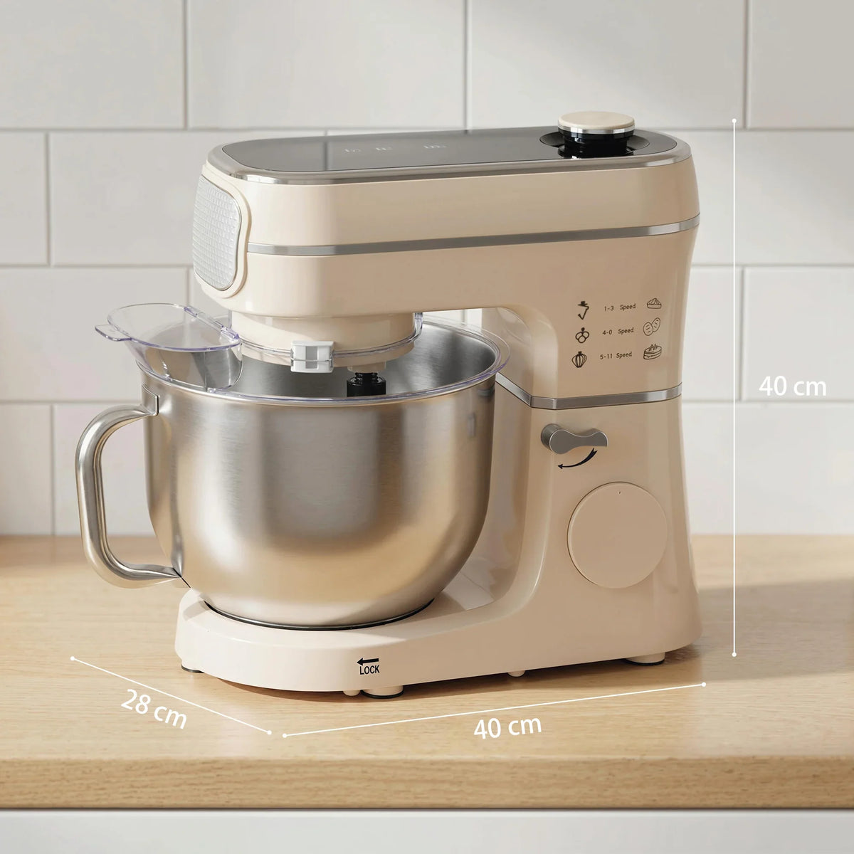 Cream stand mixer with stainless steel bowl and tilt head, shown on countertop