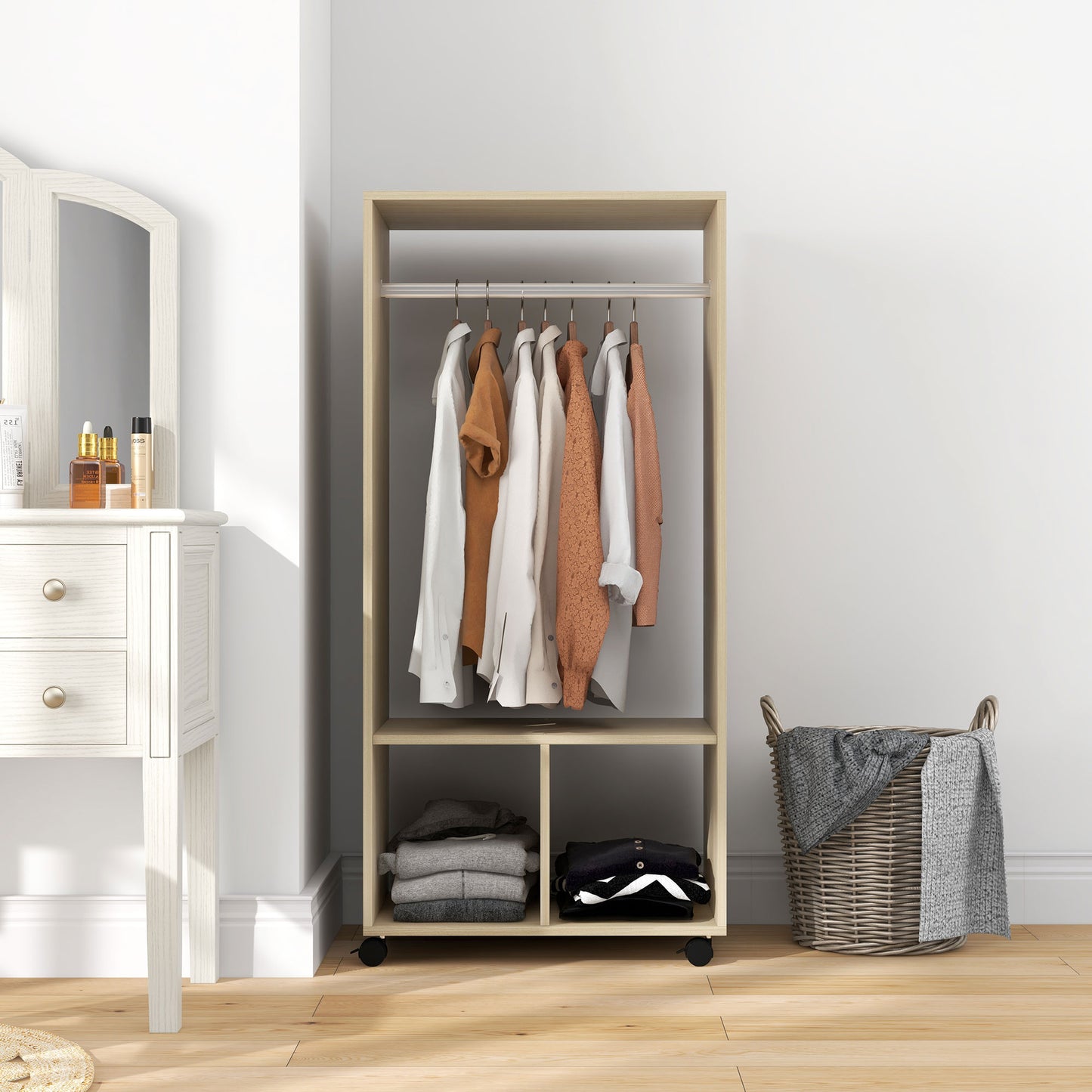 HOMCOM Open Wardrobe On Wheels With Hanging Rail And Two Storage Shelves In Natural Finish For Cloakroom Hallway