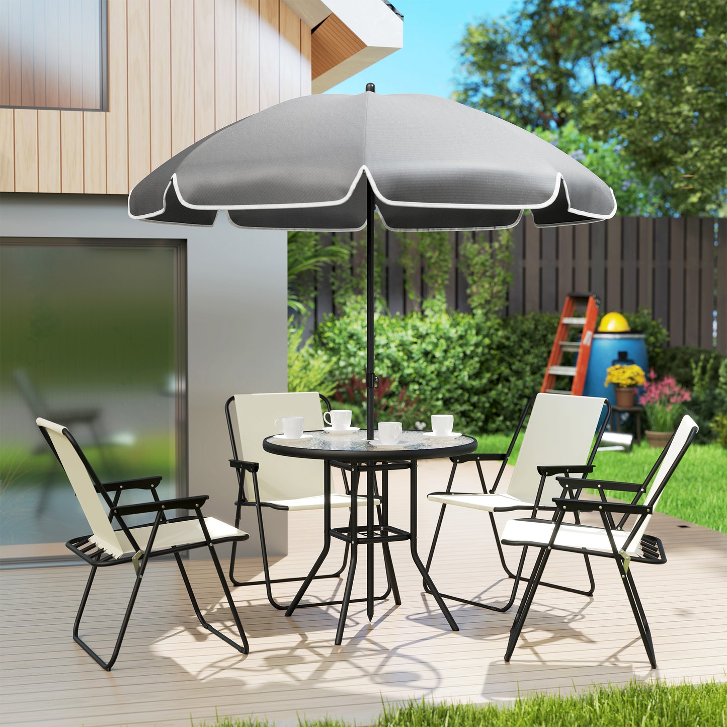 Outsunny 4 Seater Garden Furniture Set With Round Glass Top Table And Folding Chairs Parasol For Patio Cream White