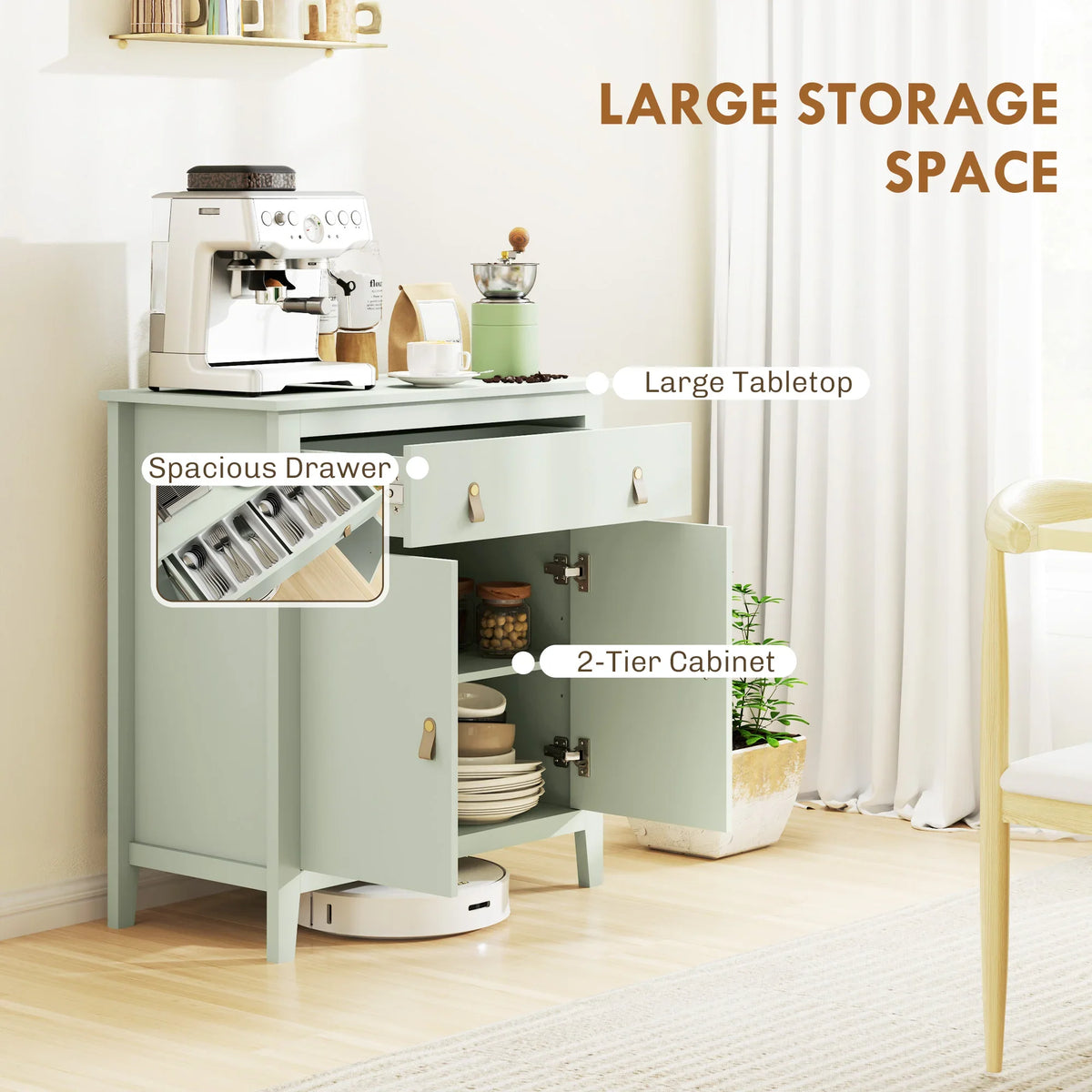 Light green sideboard with wood-effect top; open storage with drawer and two-tier cabinet