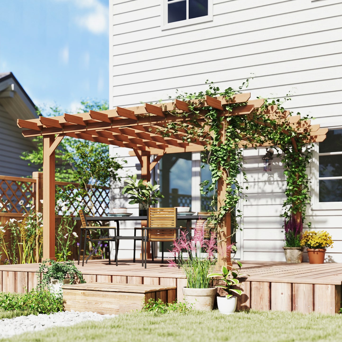 Outsunny Garden Pergola Kit Wooden Gazebo Grape Trellis With Stable Structure 3.6 X 3.6m Dark Brown