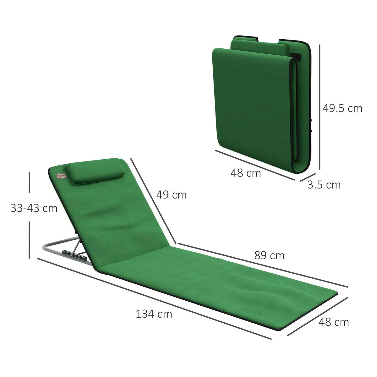 Green adjustable reclining chair with pillow and metal frame, side view with measurements