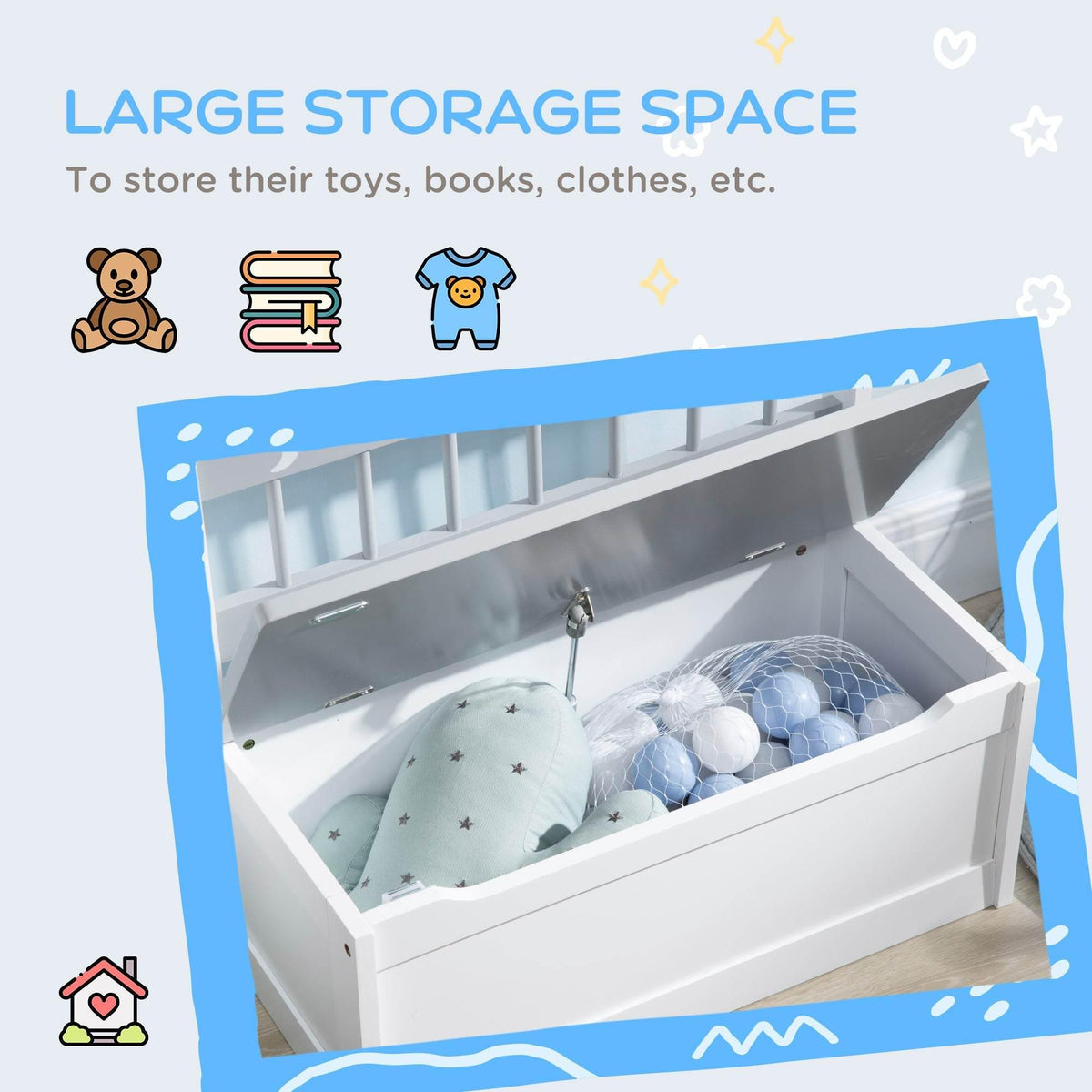 Kids storage box bench with open lid, spacious interior for toys, white frame.