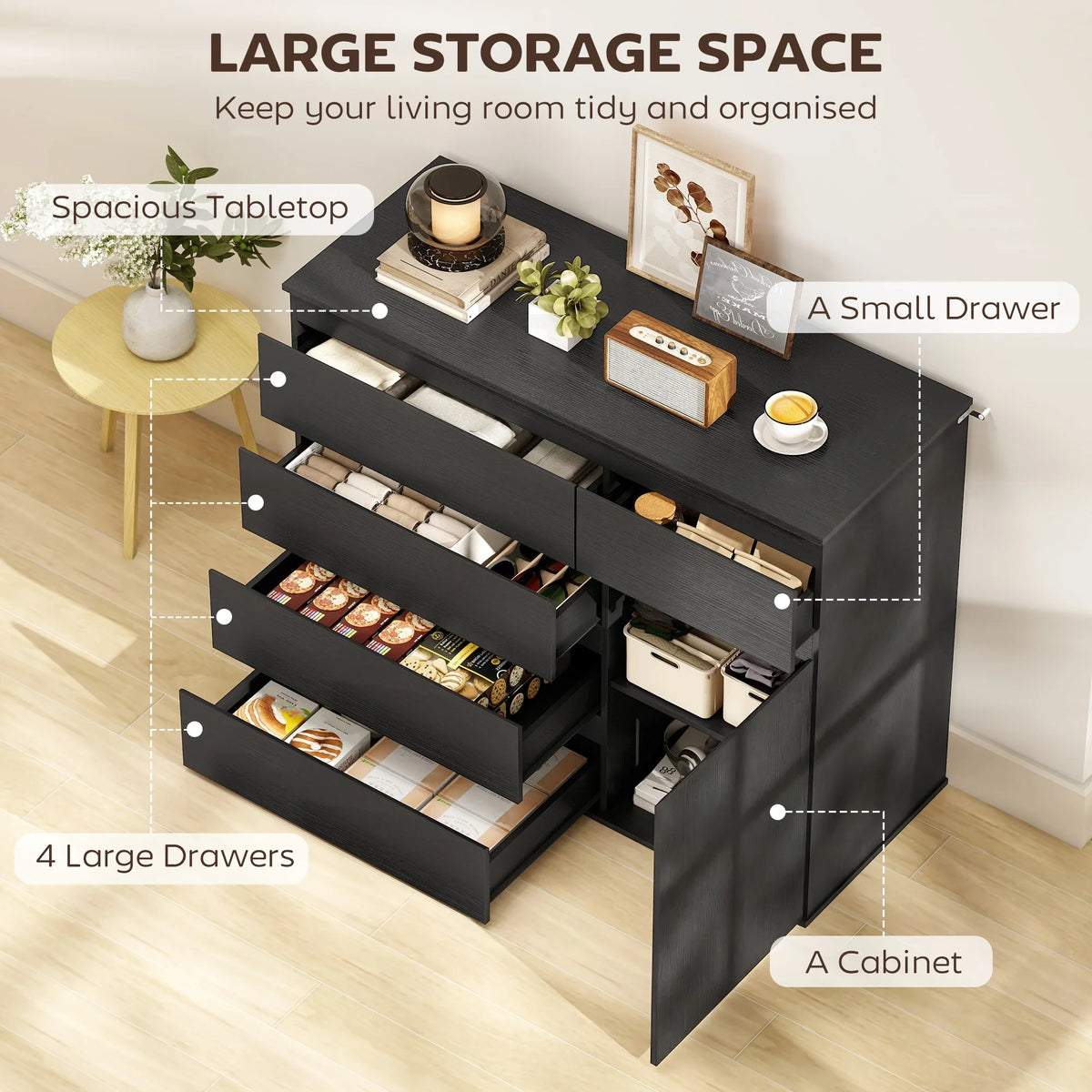 Black sideboard with multiple drawers open and cabinet compartment for storage