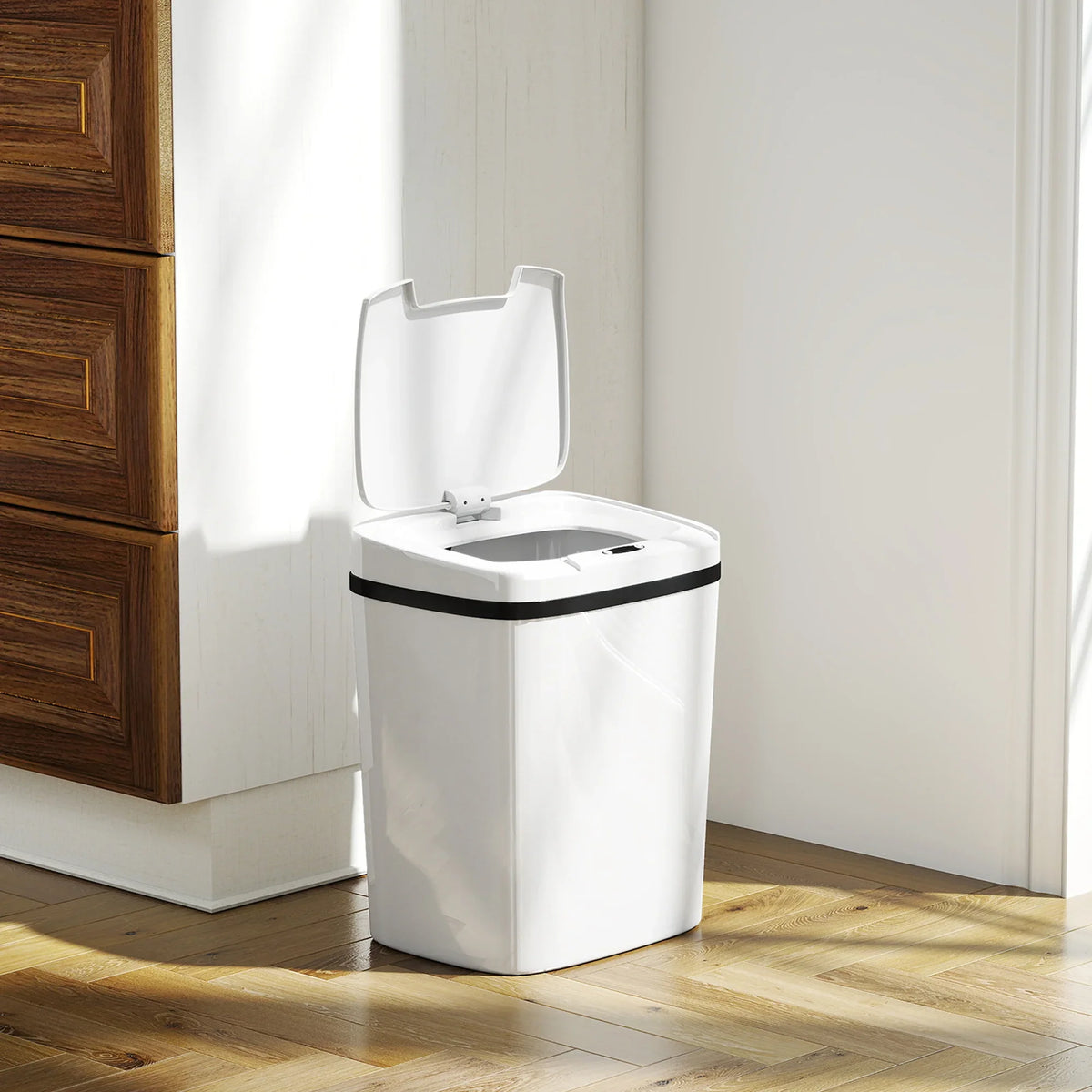 White touchless sensor kitchen bin with open lid and black rim on floor