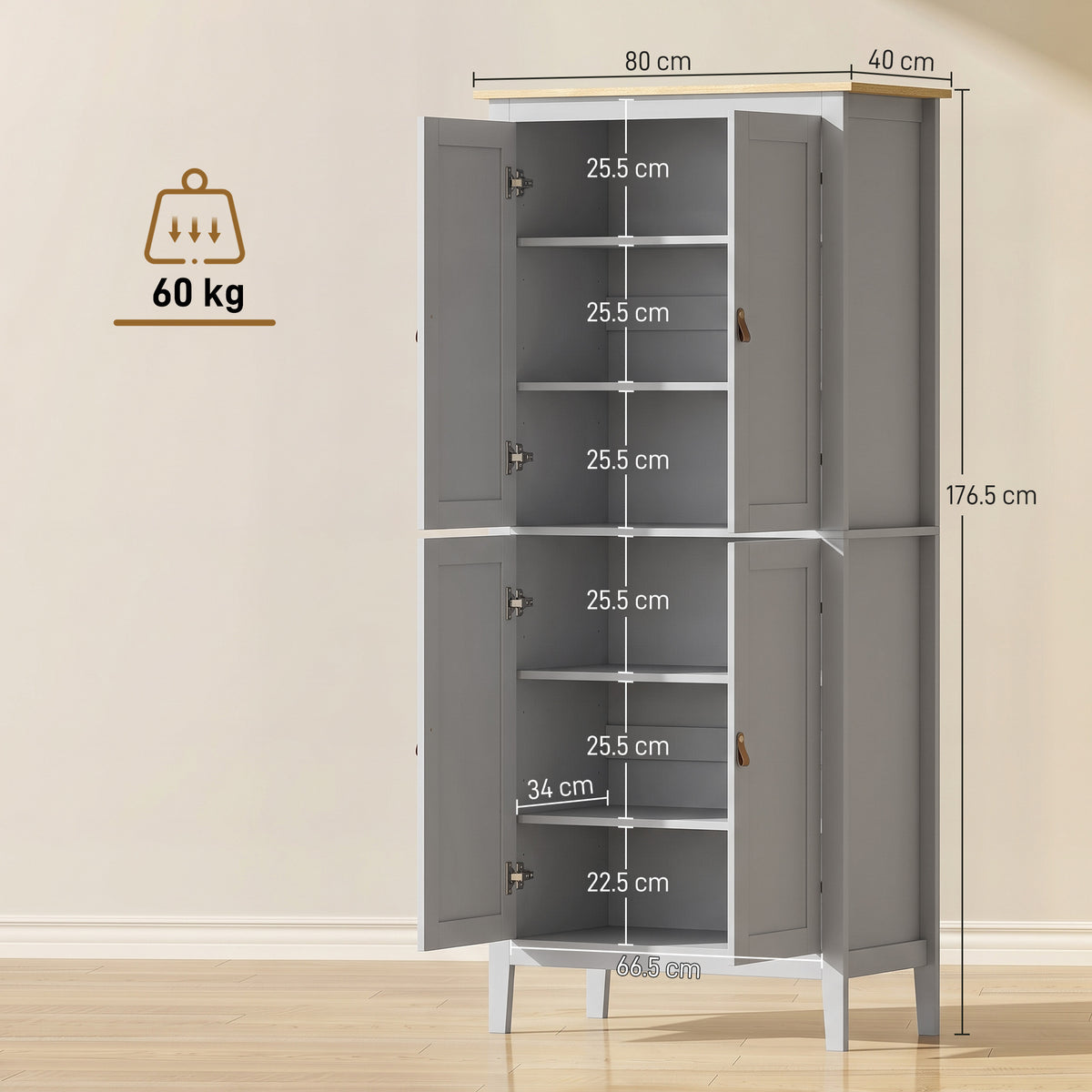 Grey tall pantry cupboard open view with fixed and adjustable shelf compartments