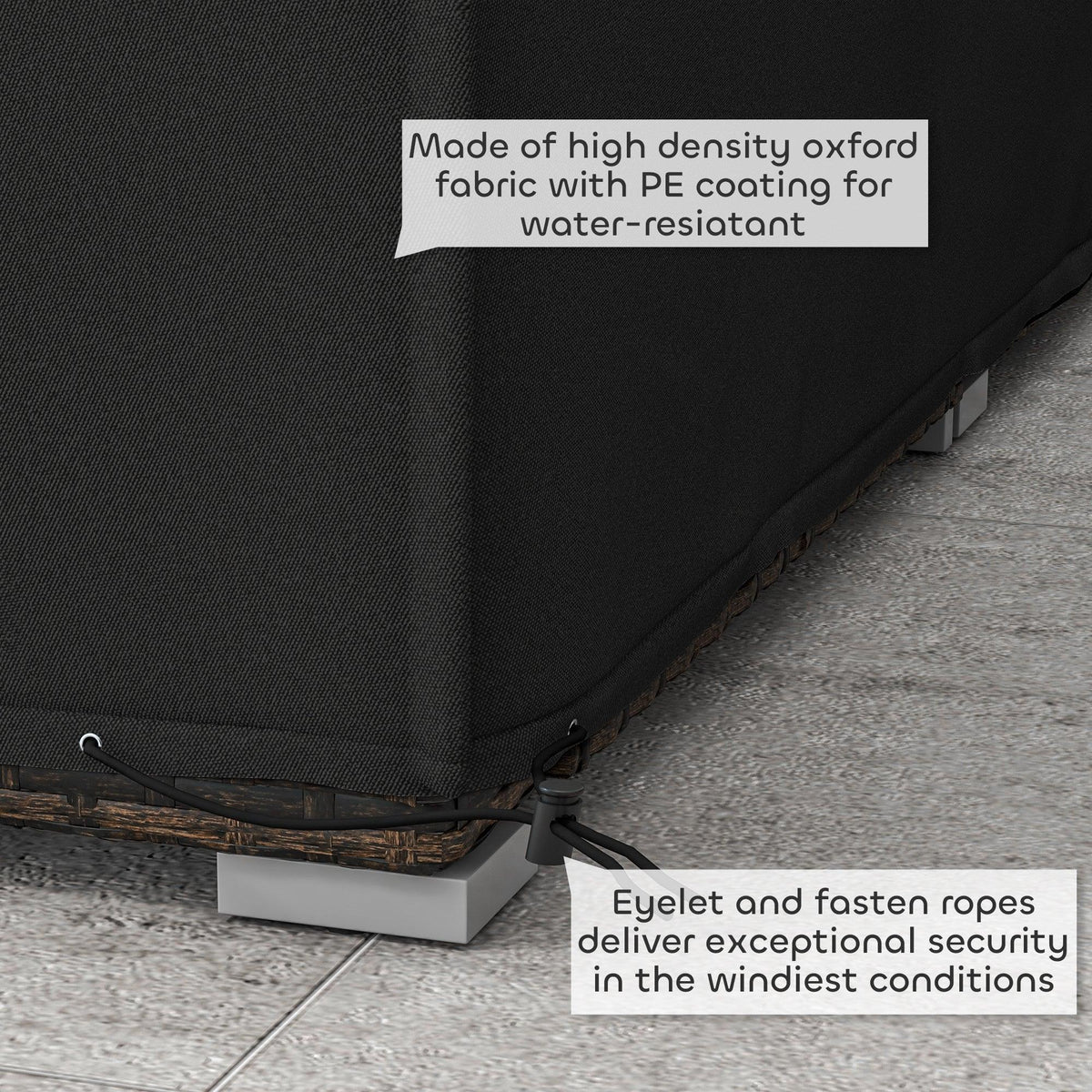 Black PE-coated oxford outdoor cover with eyelets and fastening ropes for wind