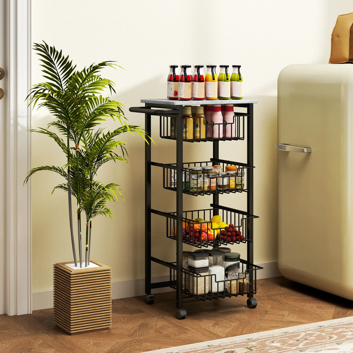 Mobile kitchen island cart with four wire baskets and marble-effect top, grey and black frame.