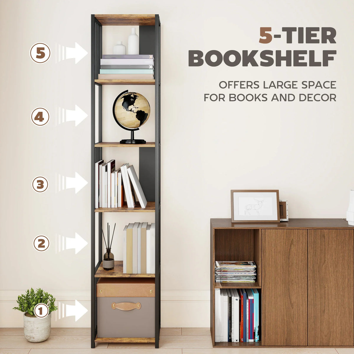 5-tier bookshelf with open shelves and bottom drawer, rustic brown wood-effect panels