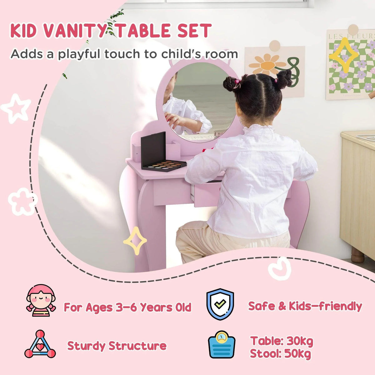 Pink kids vanity table set with round cat mirror and matching stool
