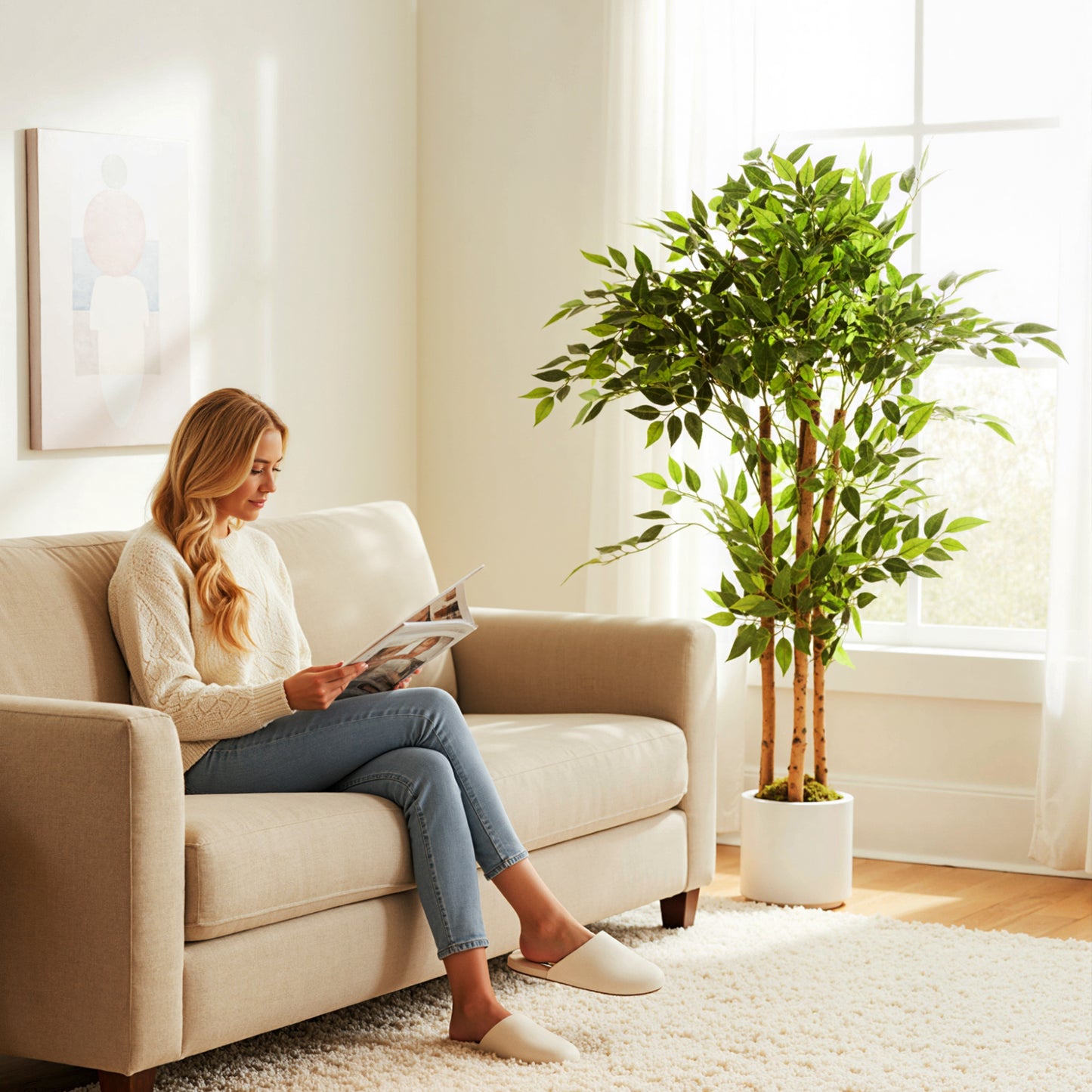 HOMCOM 120cm Artificial Ficus Tree With Solid Wood Trunk And Potted White Pot For Indoor Use Real Touch PEVA Leaves Green