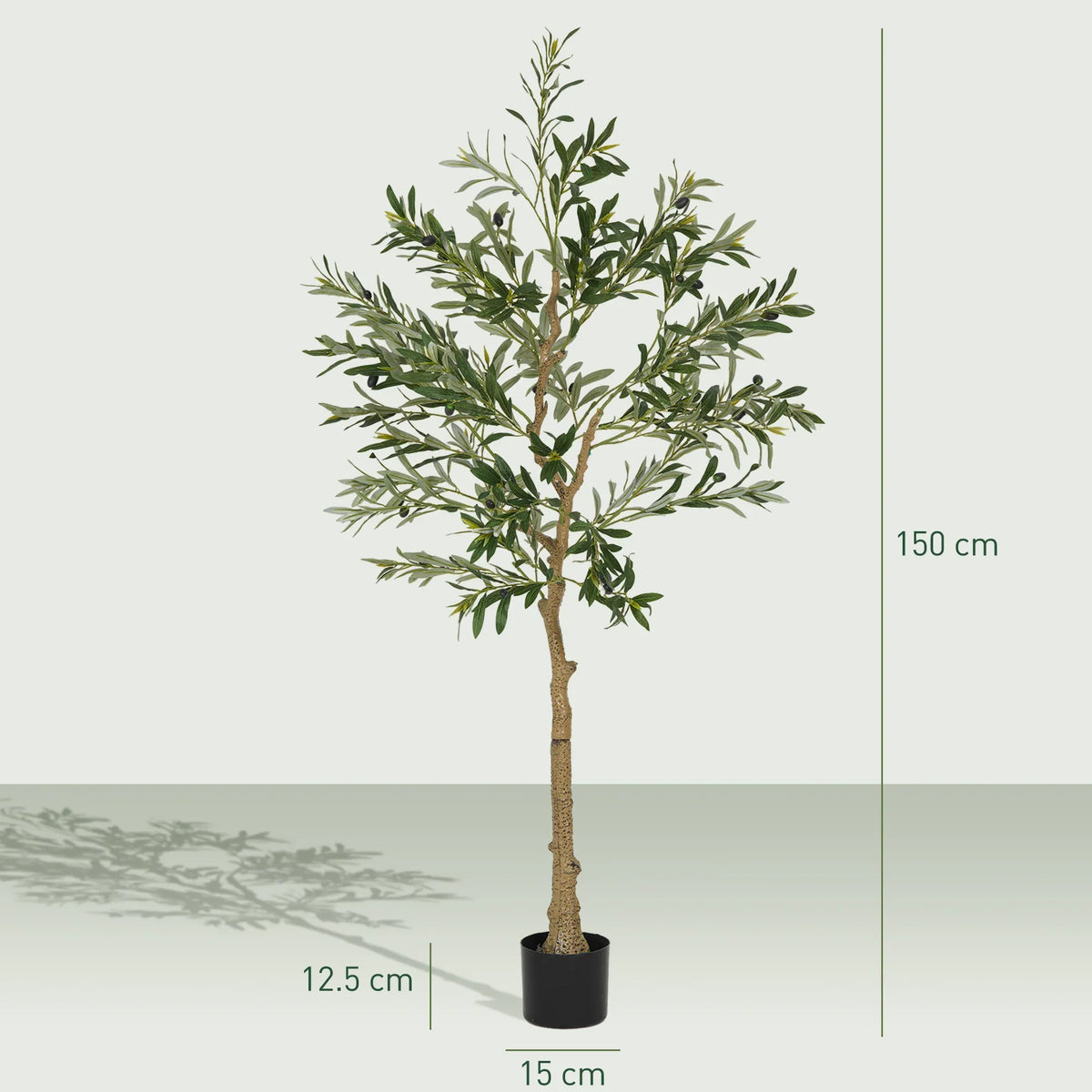 Tall artificial olive tree with green leaf clusters and a dark cement-filled pot