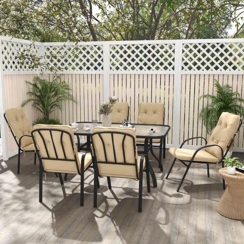 Outdoor 7-piece dining set with beige cushioned armchairs and black glass table