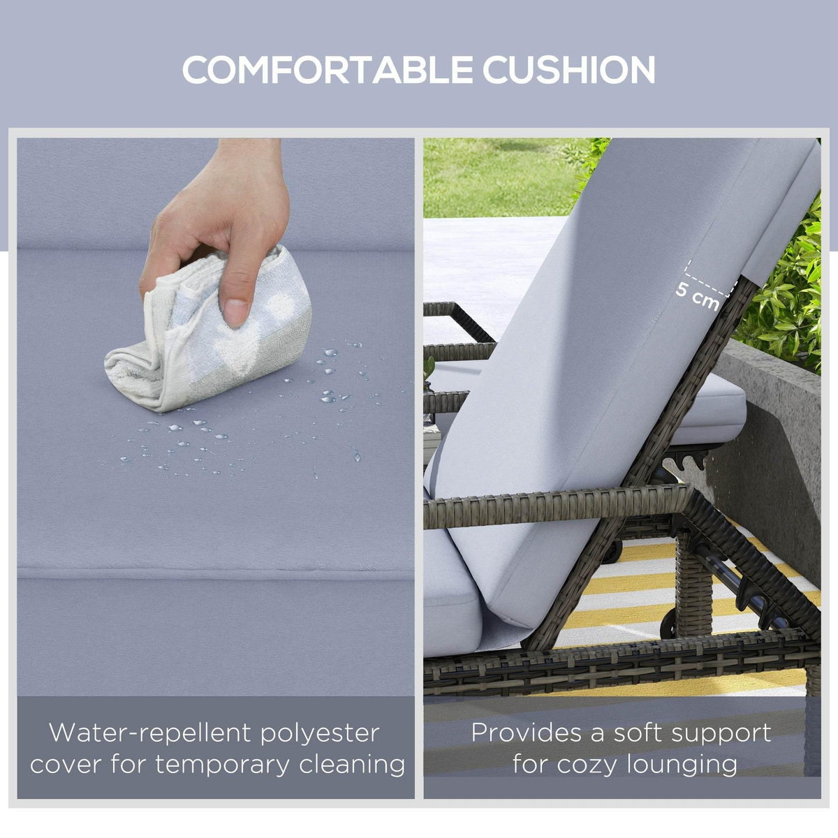 Gray outdoor lounge cushions with water-repellent polyester and soft support padding