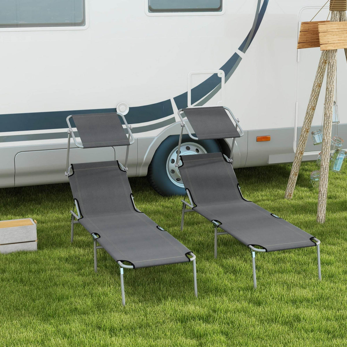 Grey adjustable reclining sun lounger set of 2 with fabric seat and metal legs
