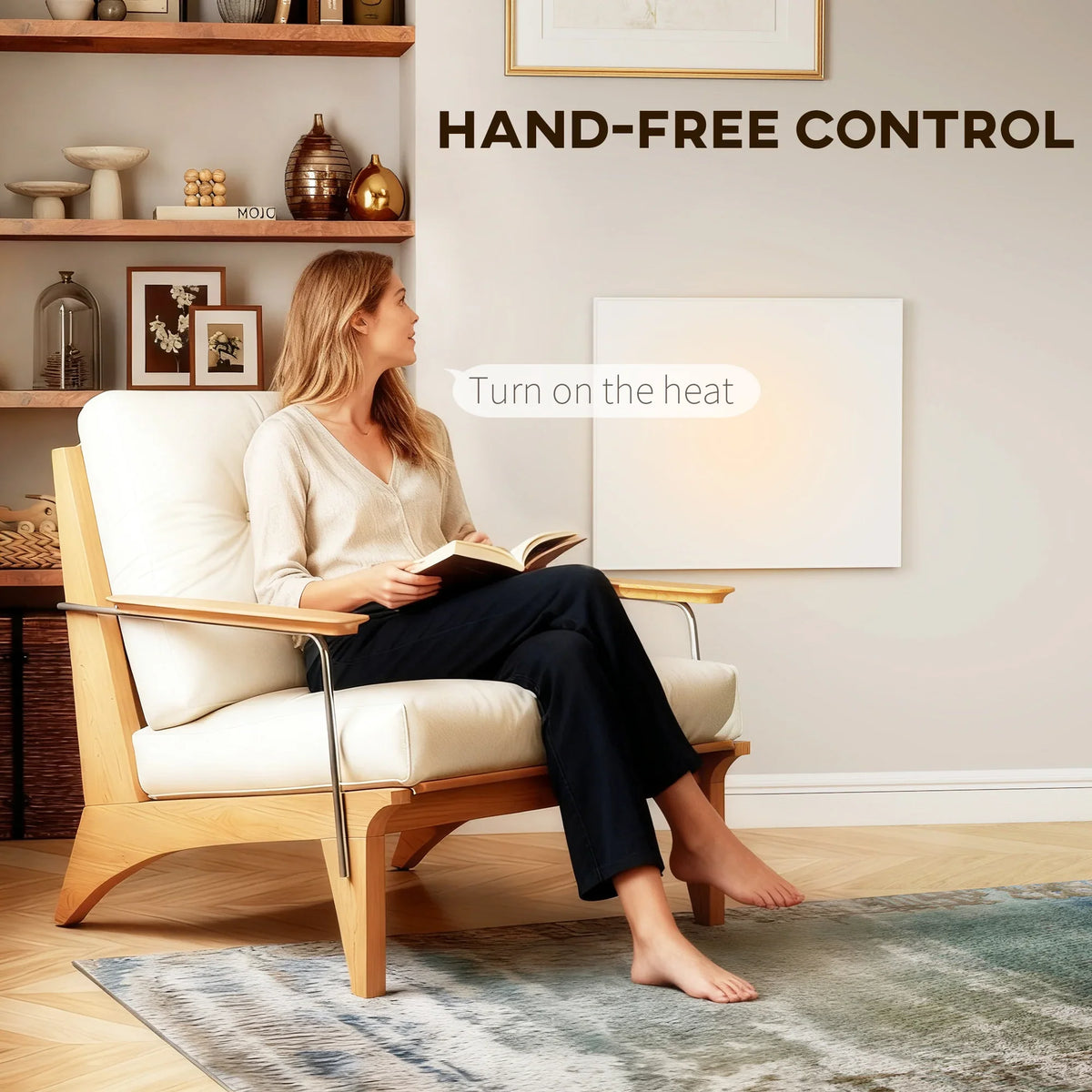 Wall-mounted heater panel with warm glow while seated on a living room couch