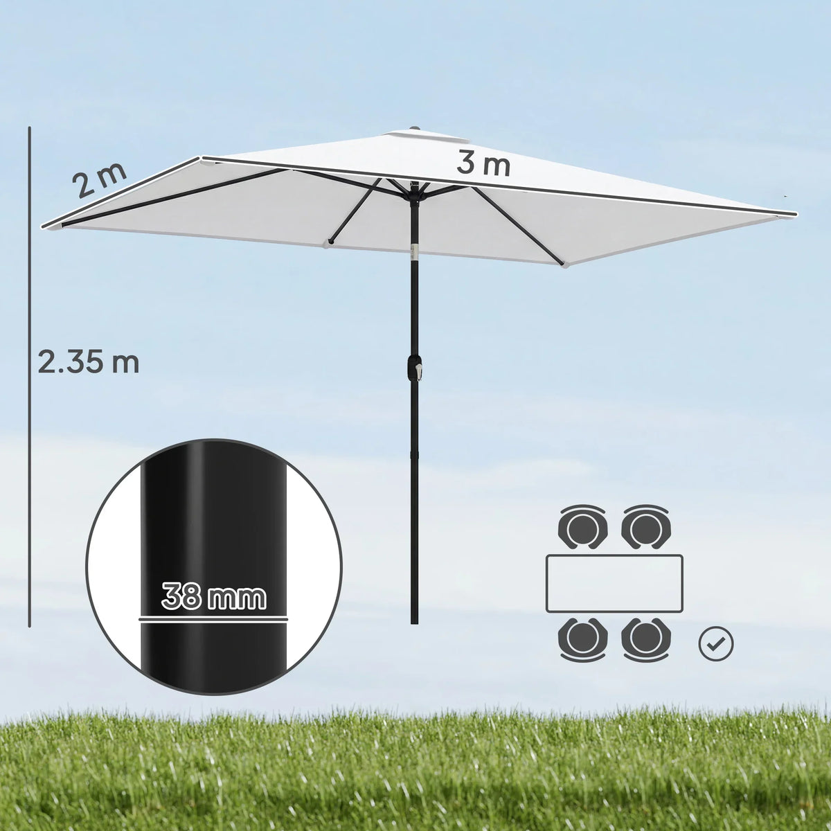 White garden parasol umbrella with size 3 m x 2 m and 38 mm crank handle detail