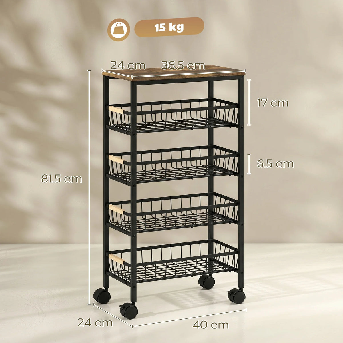 Rustic brown 4-tier storage trolley with wire baskets and four swivel caster wheels.