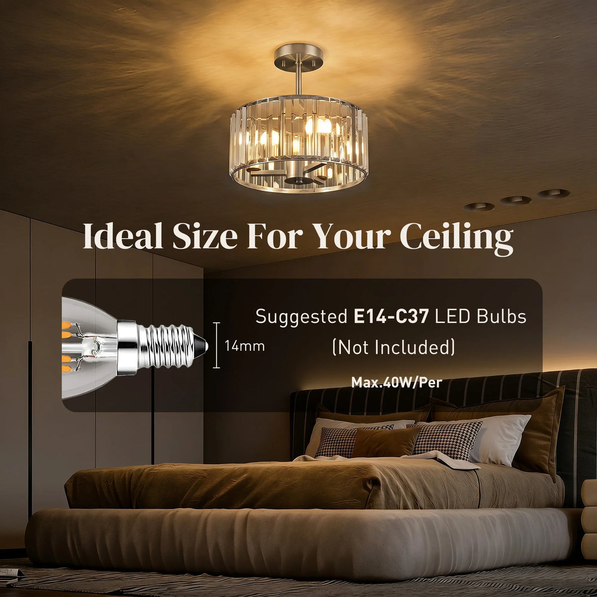 Silver semi flush crystal chandelier ceiling light with clear prism glass drum shade