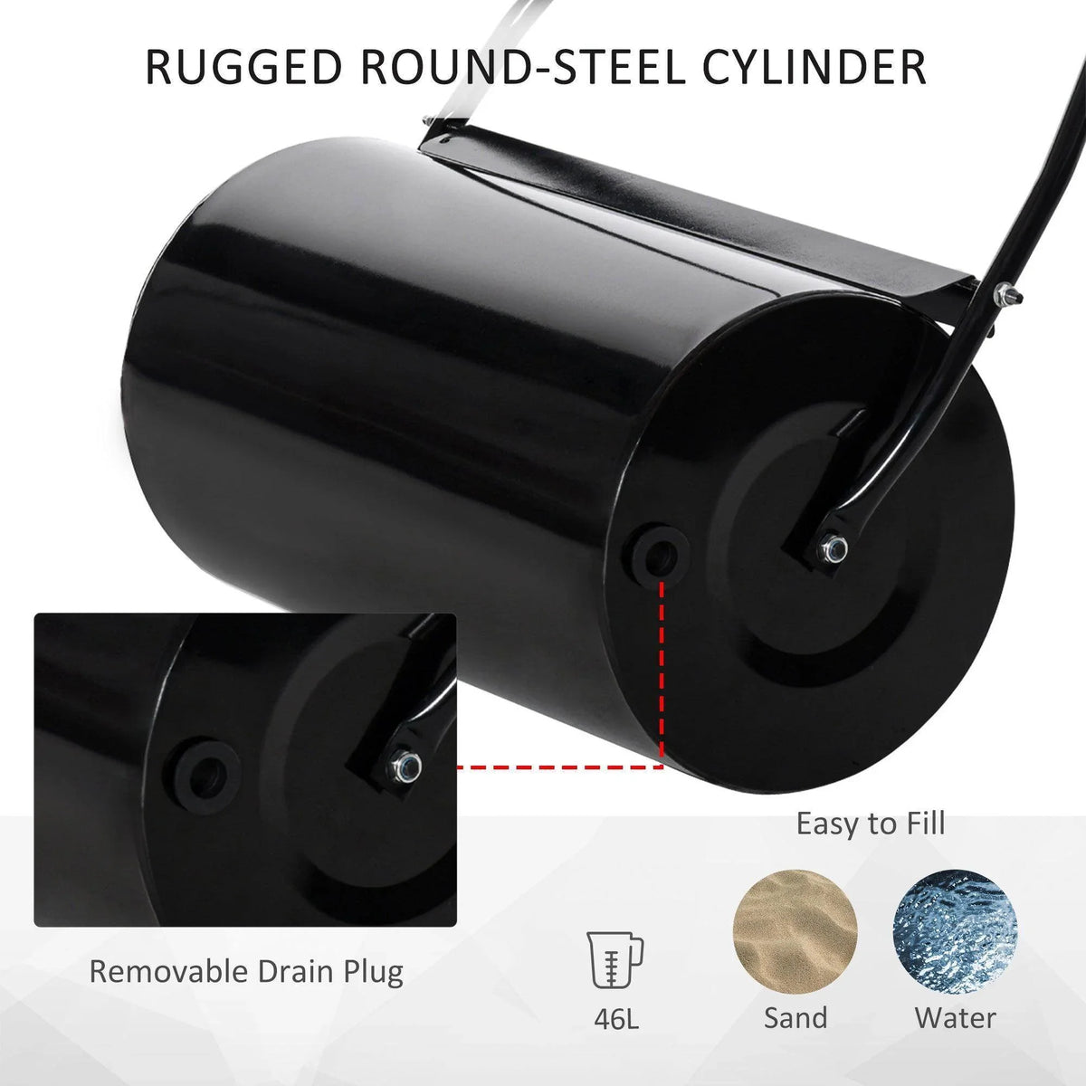 Black steel lawn roller drum with removable drain plug and 46L capacity