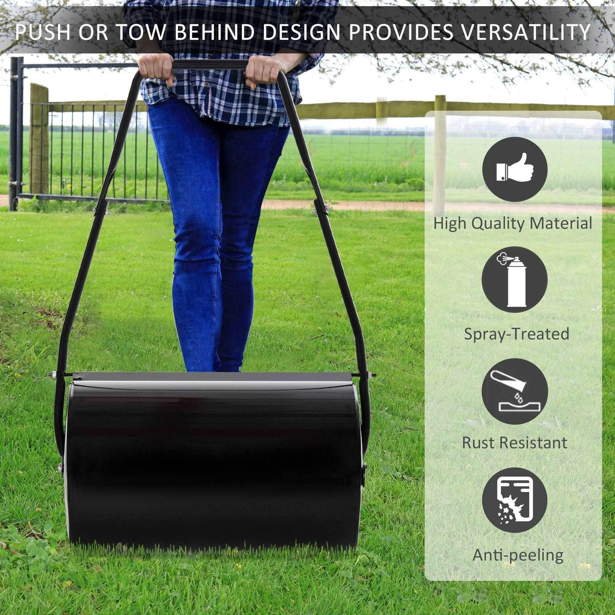 Black lawn roller frame with push-and-tow handle design in outdoor yard