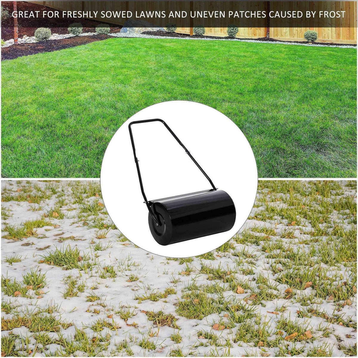 Black lawn roller on grass to press and smooth freshly sown patches
