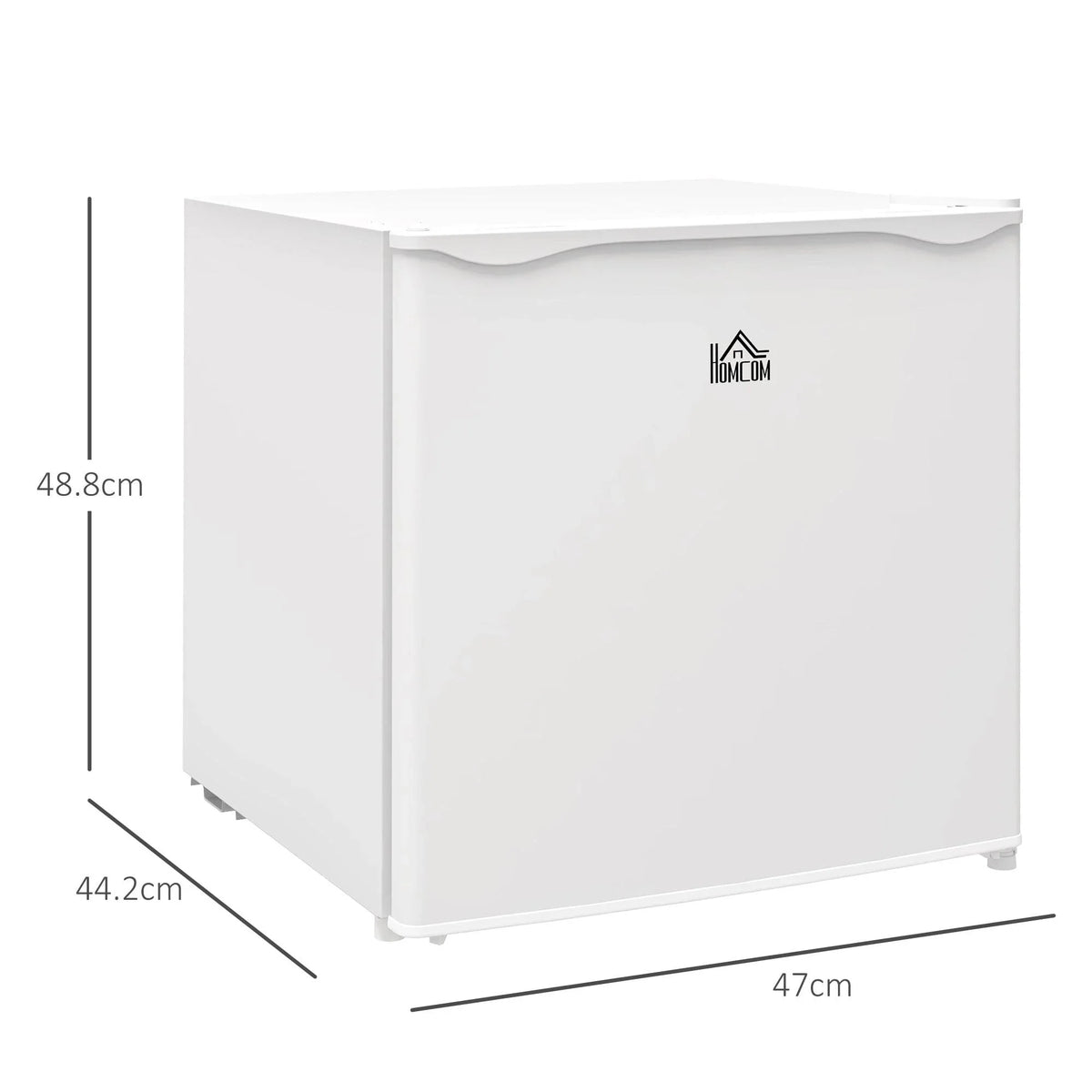 White mini freezer shown from front-left with legs and corner profile.