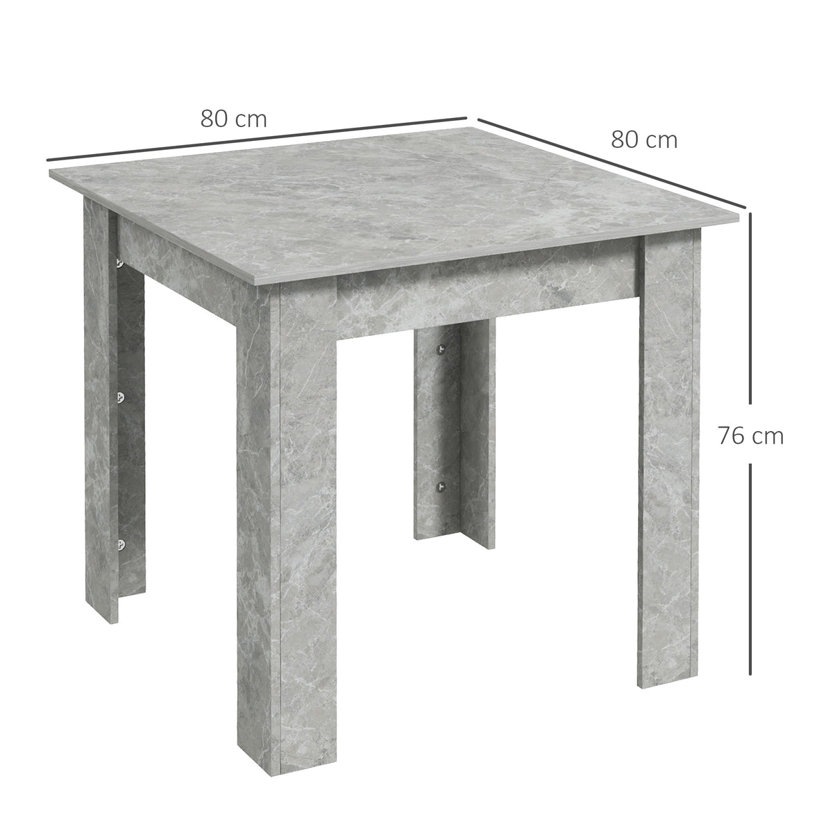 Square cement-gray dining table with faux concrete top, open apron, and four legs