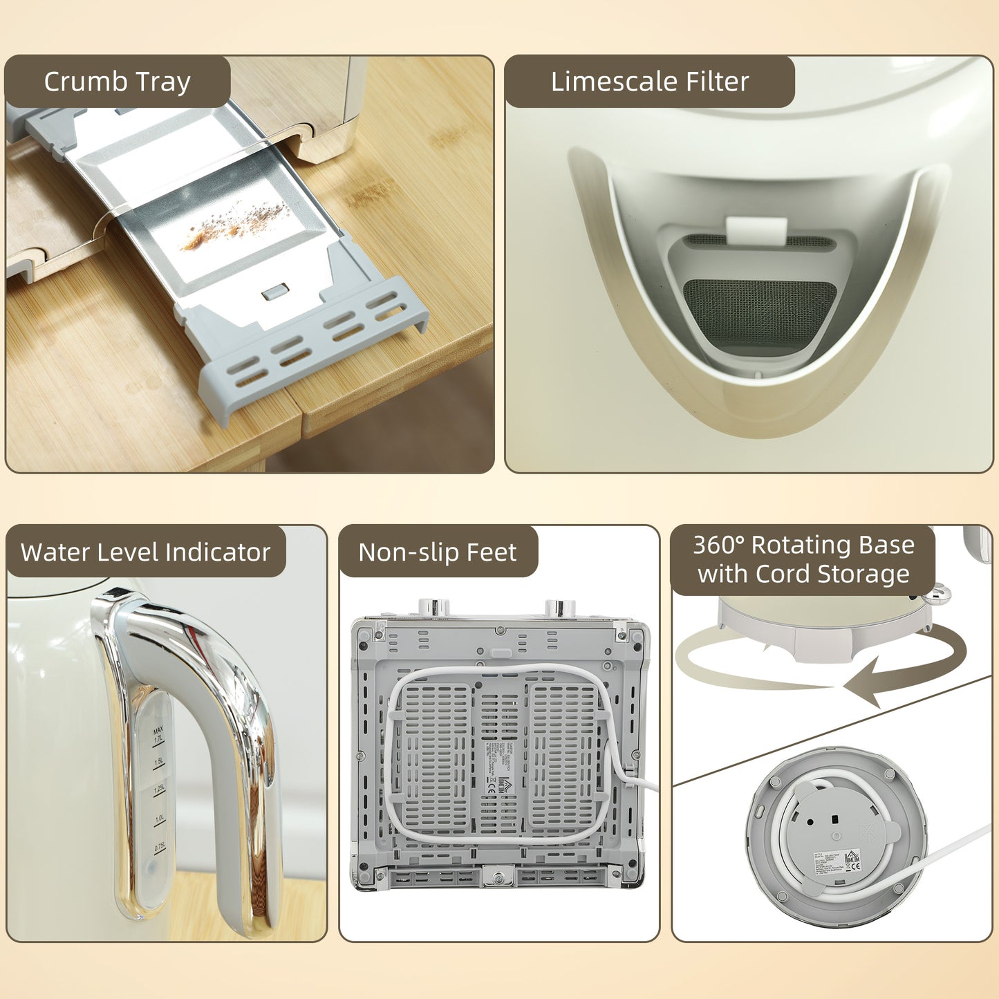 HOMCOM Retro 3000W Kettle And Toaster Set Grey With One Point Seven Liter Capacity And Classic Curved Design