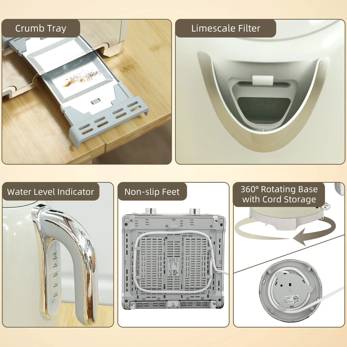 Toaster and kettle feature panel: crumb tray, limescale filter, and rotating base