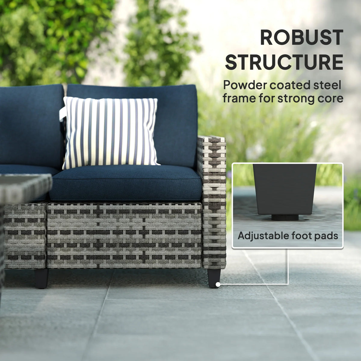 Outdoor rattan loveseat with dark navy seat cushion, striped pillow, adjustable feet