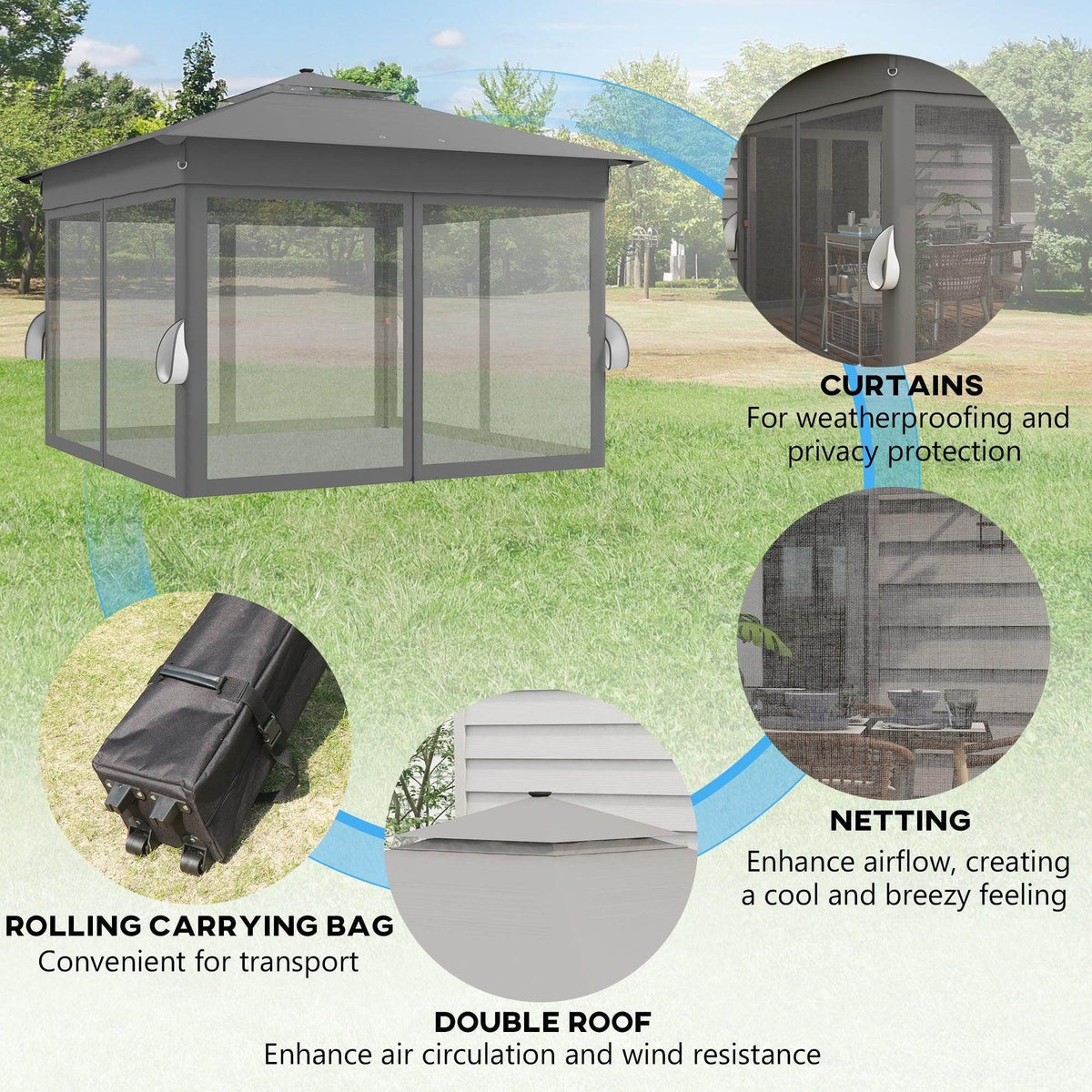 Grey gazebo tent with mesh netting and hanging curtains, plus a rolling carry bag
