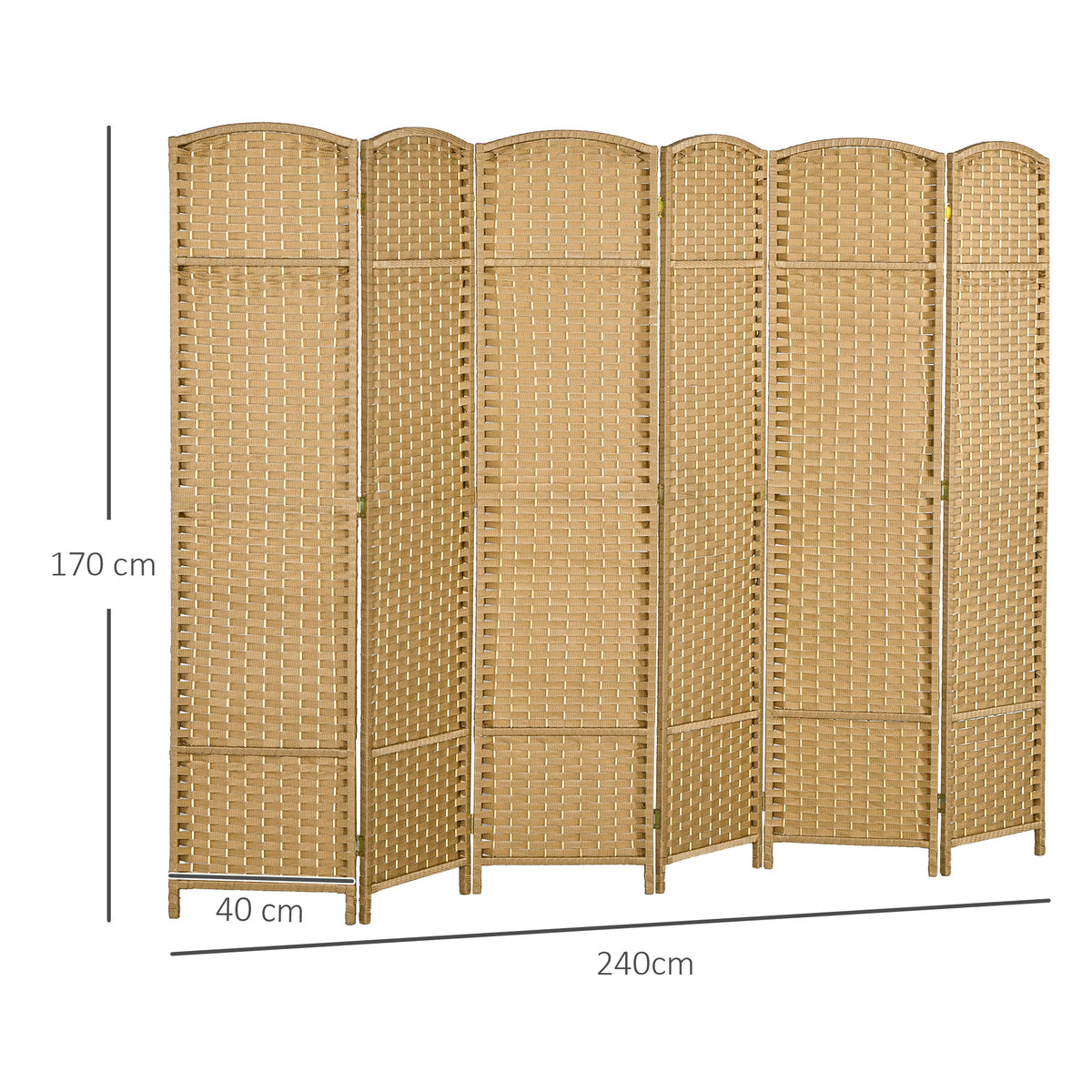 Natural woven 6-panel room divider privacy screen with folding design, 240 x 170 cm