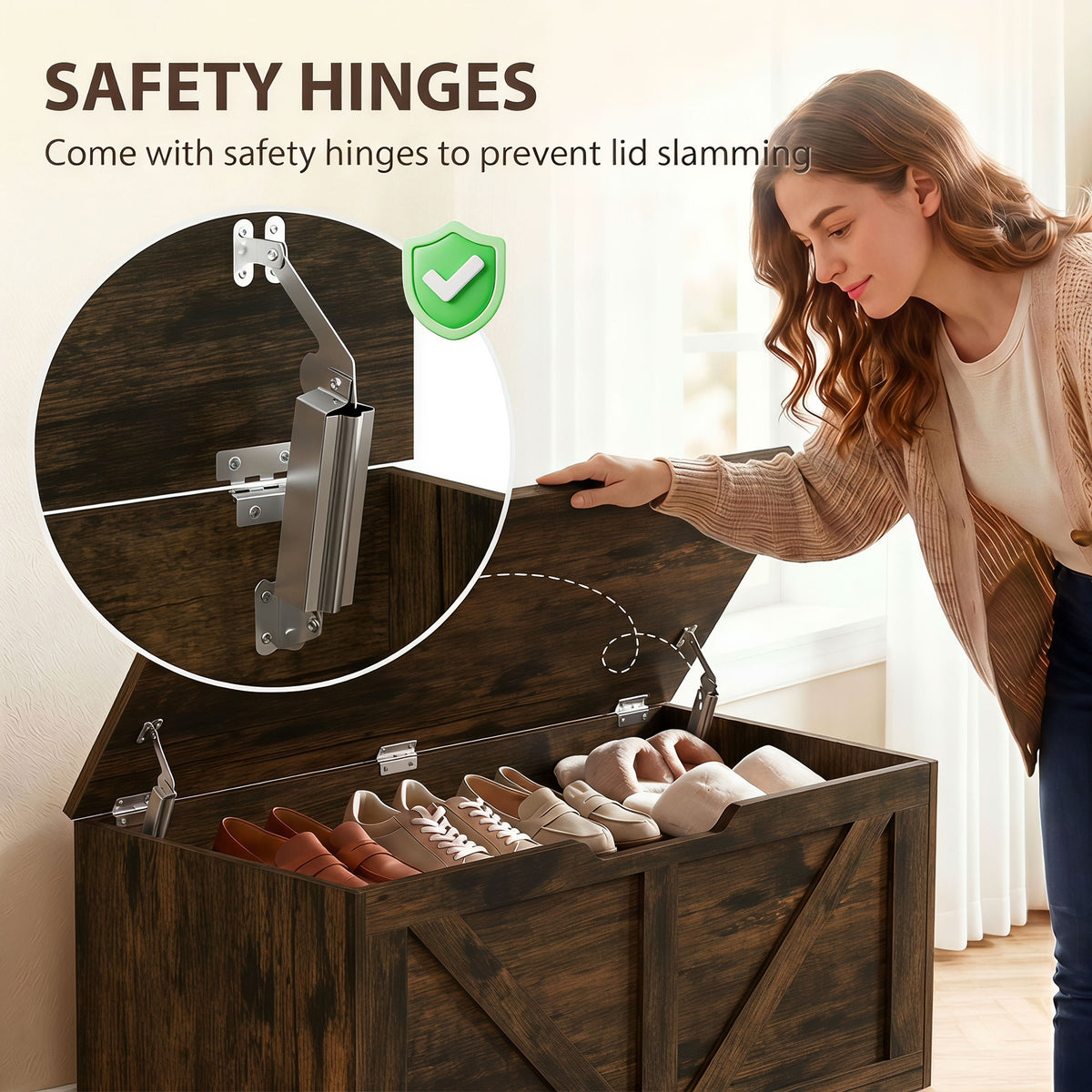 Rustic brown storage trunk bench with safety hinge hardware on open lid